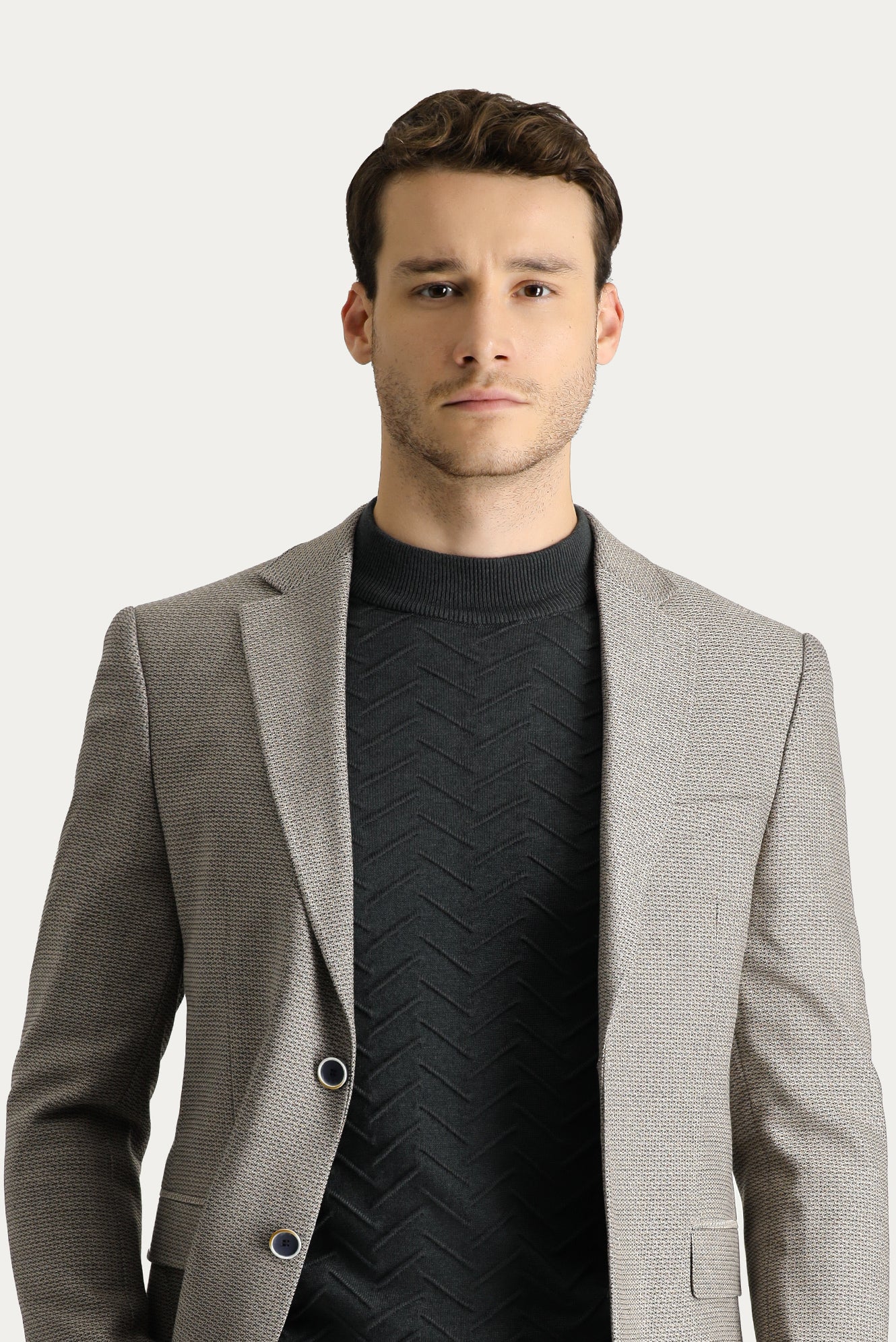 Açık Vizon 6 Drop Regular Fit Standart Kesim Yünlü Klasik Desenli Ceket - Image 3
