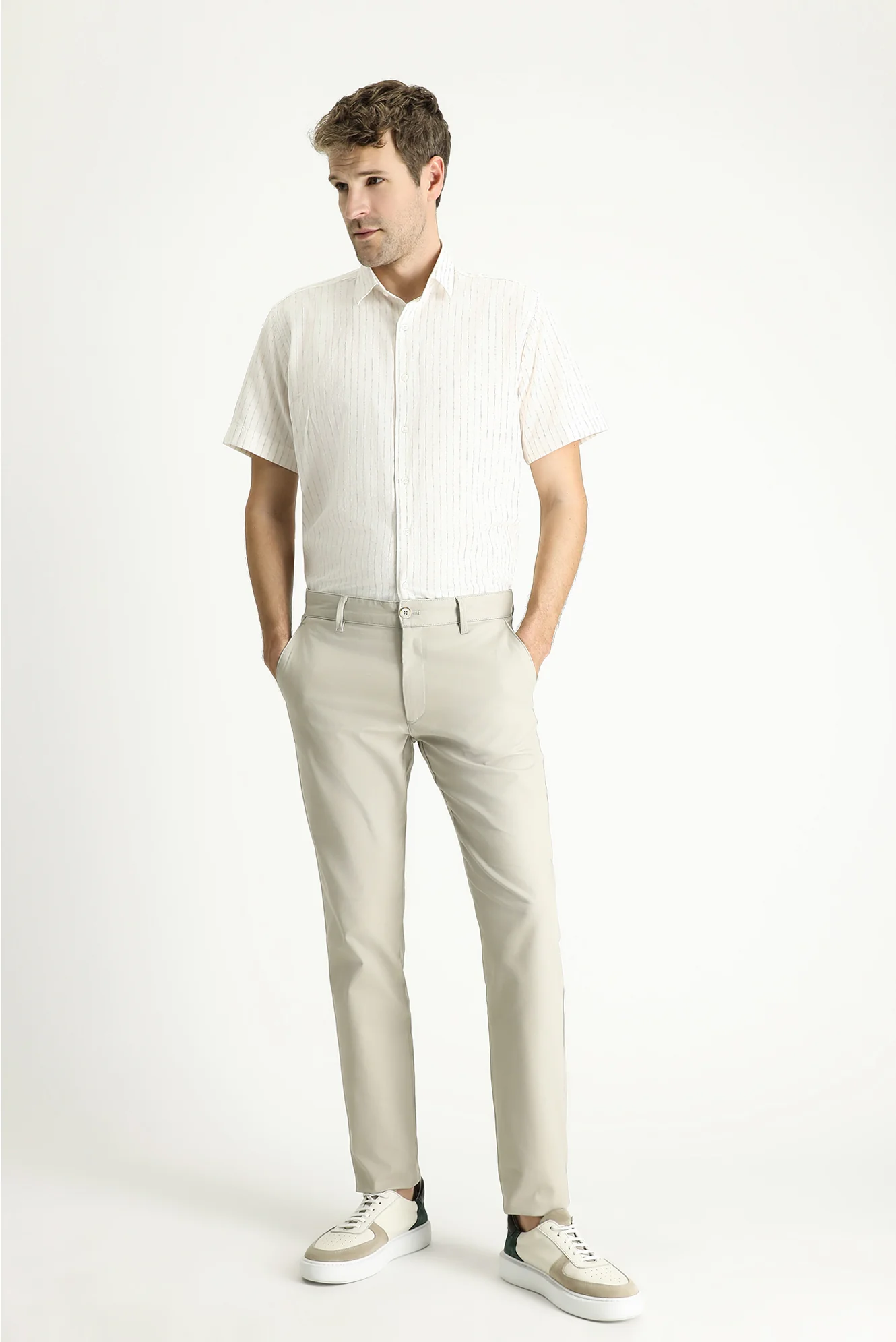 Açık Vizon Relaxed Fit Rahat Kesim Desenli Likralı Kanvas / Chino Pantolon