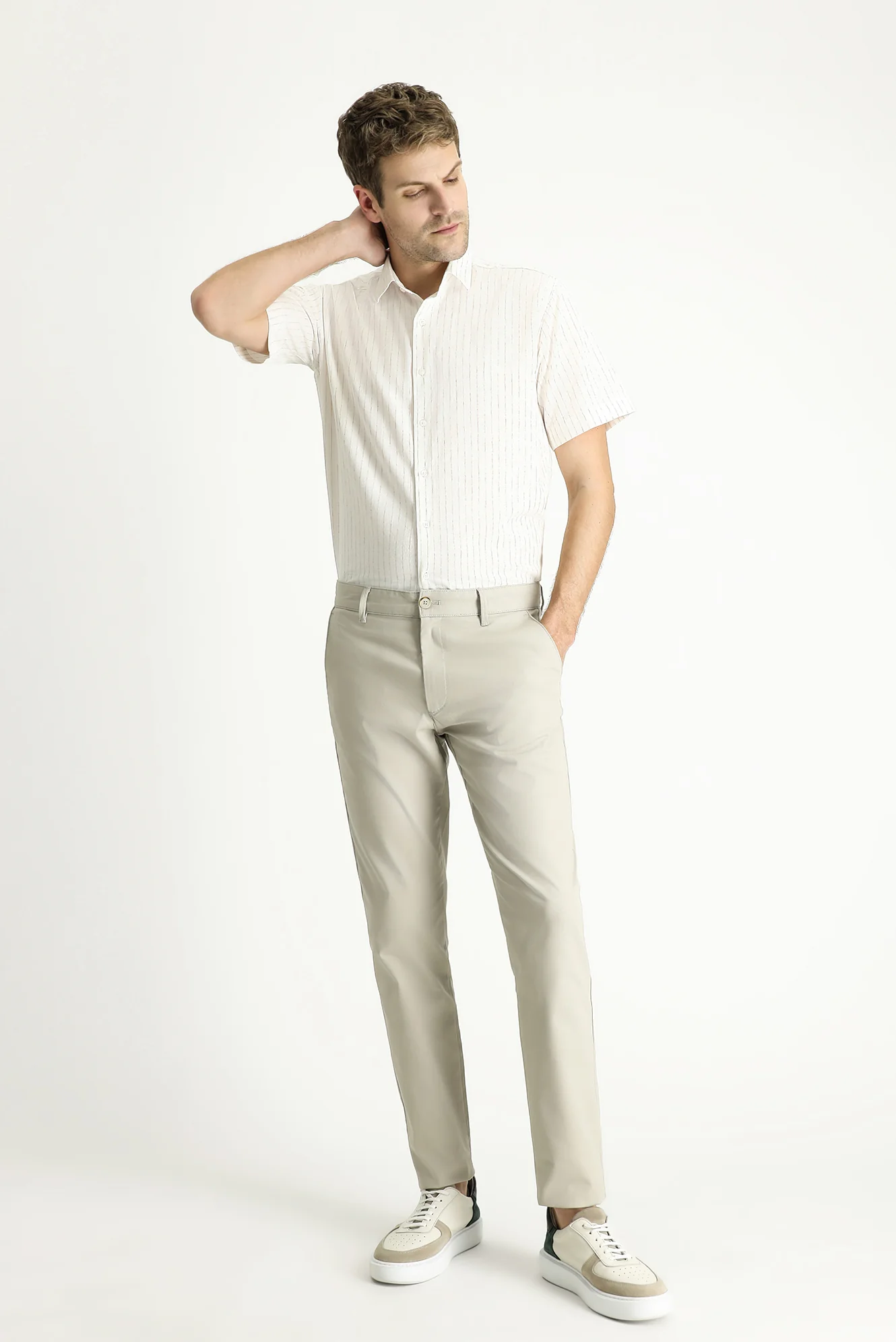 Açık Vizon Relaxed Fit Rahat Kesim Desenli Likralı Kanvas / Chino Pantolon - Image 2