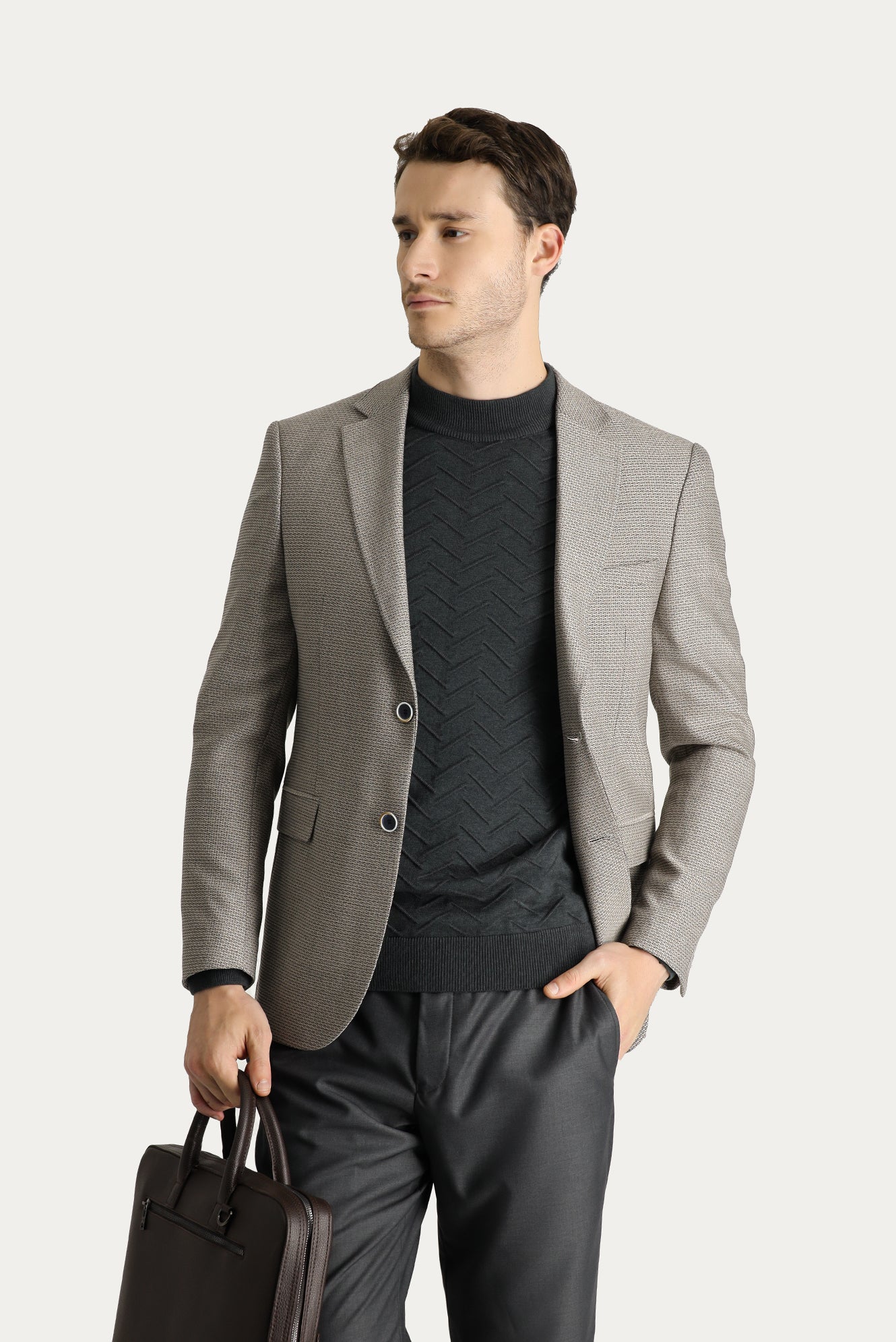Açık Vizon 4 Drop Relaxed Fit Rahat Kesim Yünlü Klasik Desenli Ceket - Image 2
