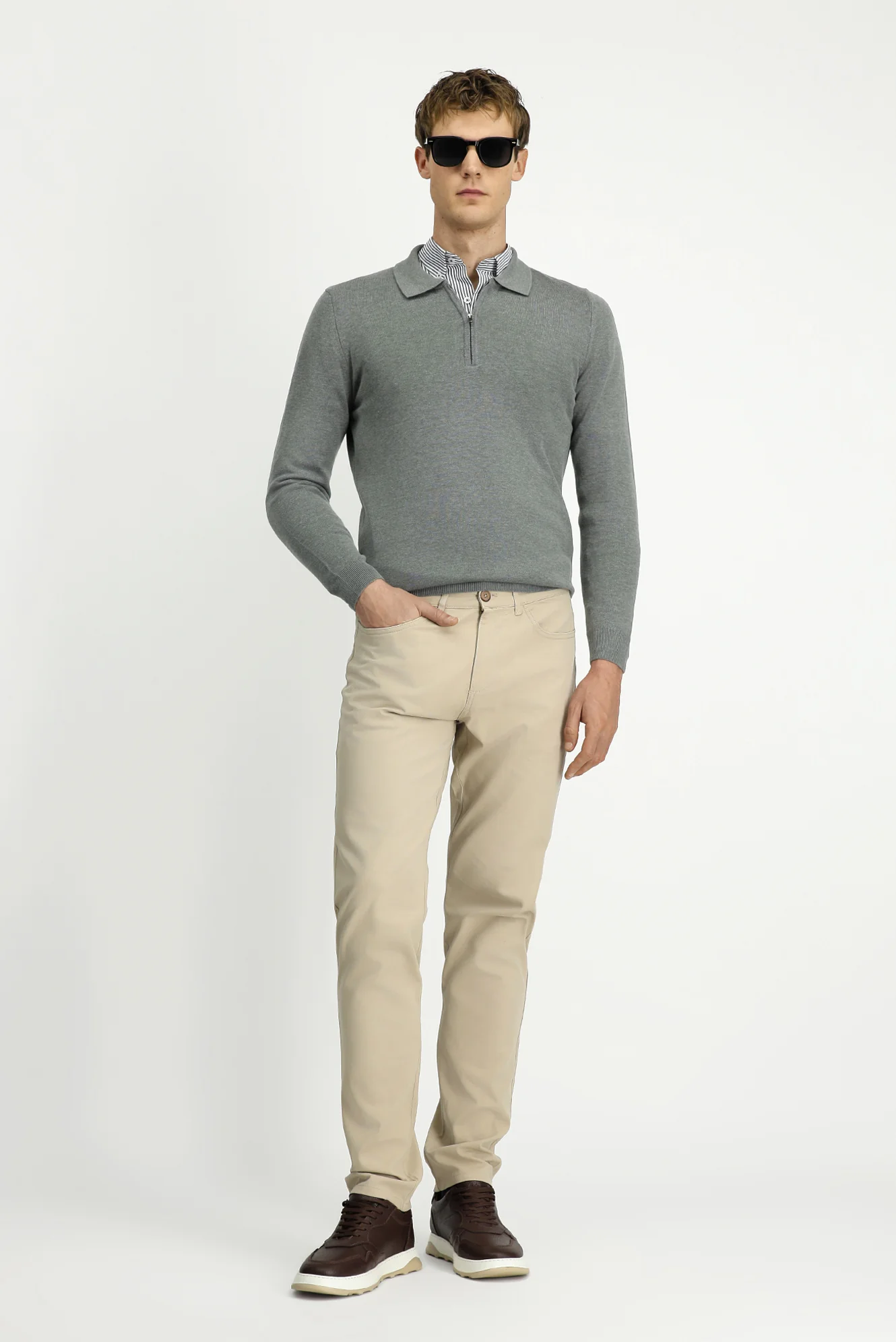 Açık Vizon 7 Drop Slim Fit Dar Kesim Likralı Kanvas / Chino Pantolon