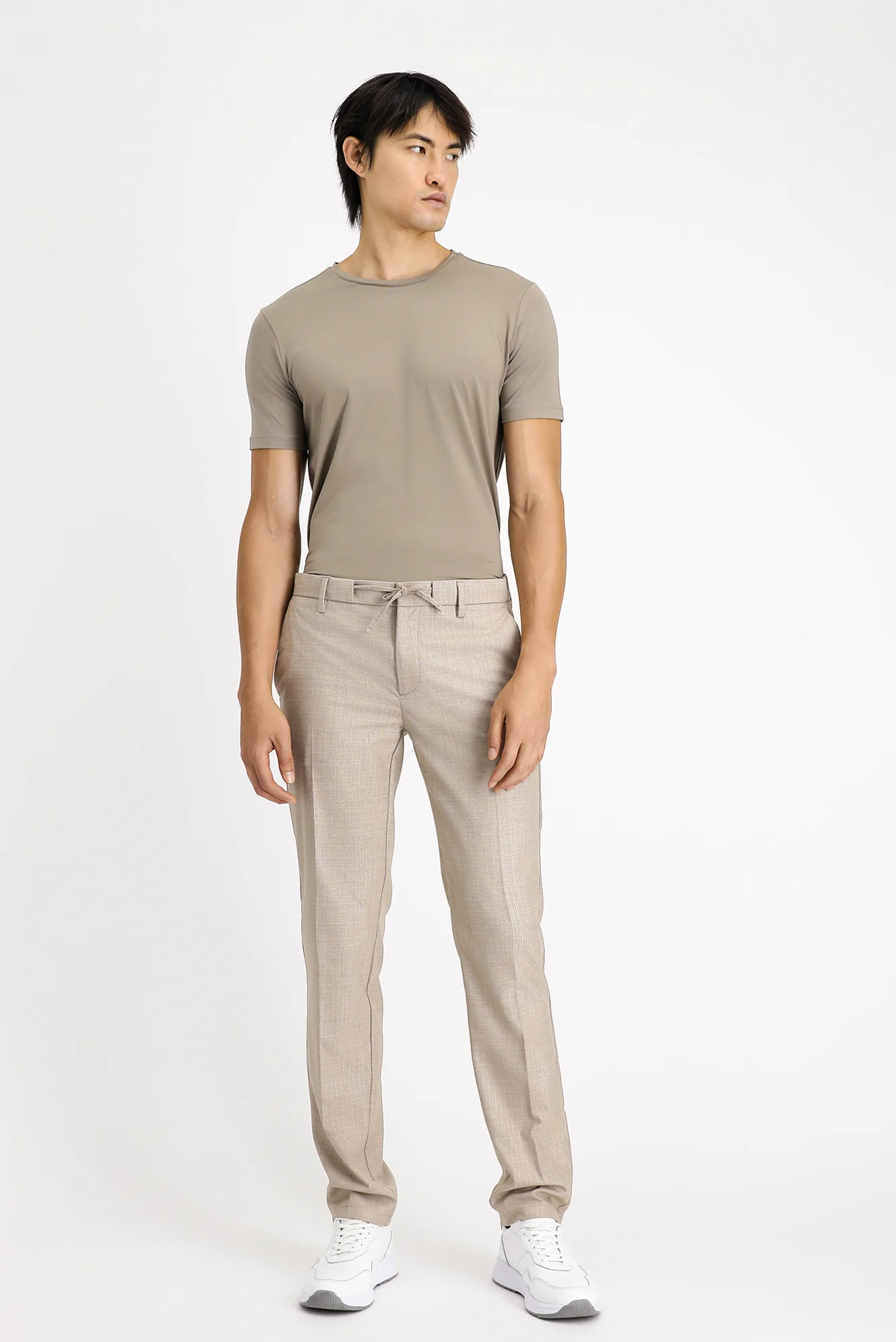Açık Vizon 7 Drop Slim Fit Dar Kesim Desenli Beli Lastikli İpli Likralı Klasik Kumaş Pantolon