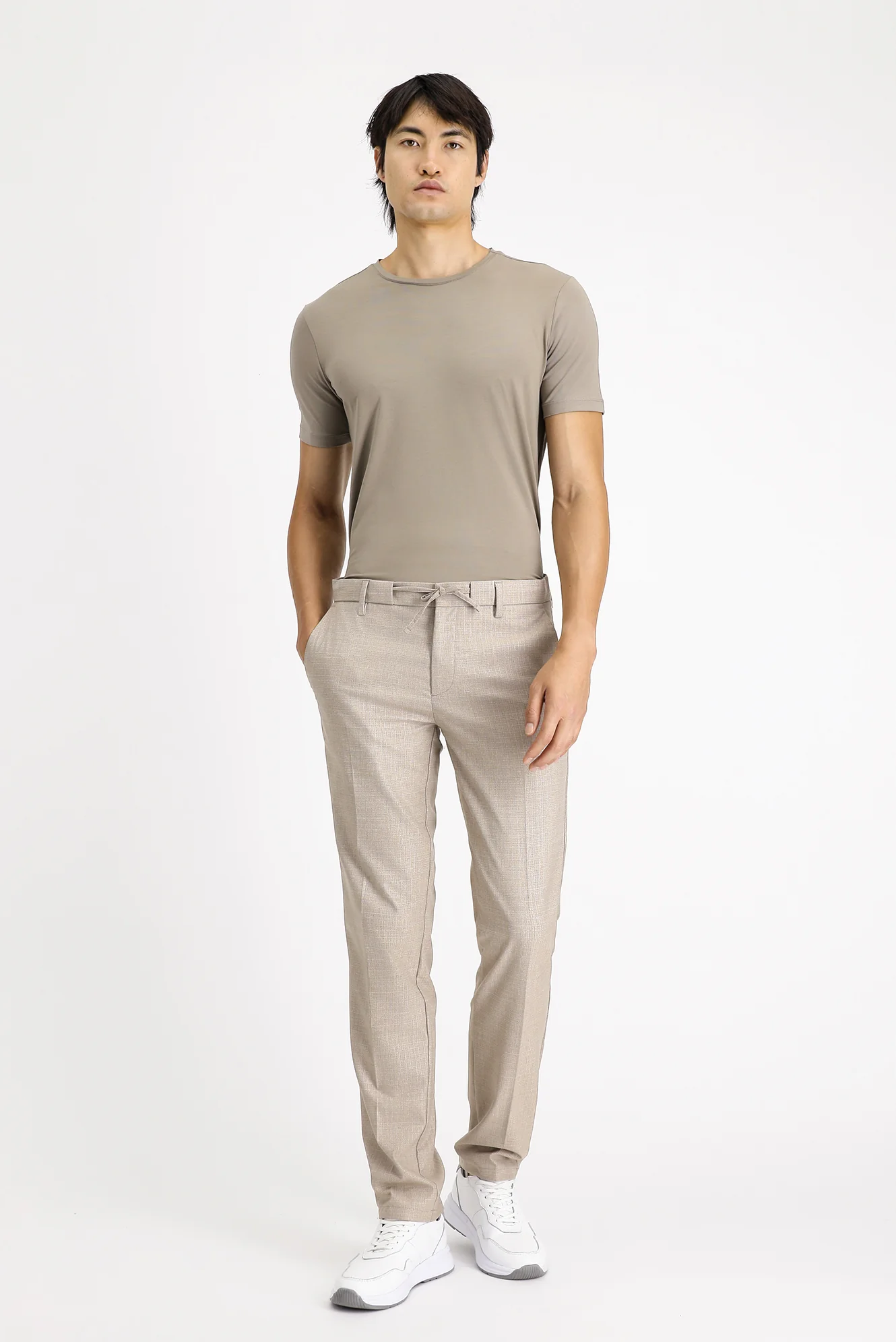Açık Vizon 7 Drop Slim Fit Dar Kesim Desenli Beli Lastikli İpli Likralı Klasik Kumaş Pantolon - Image 2