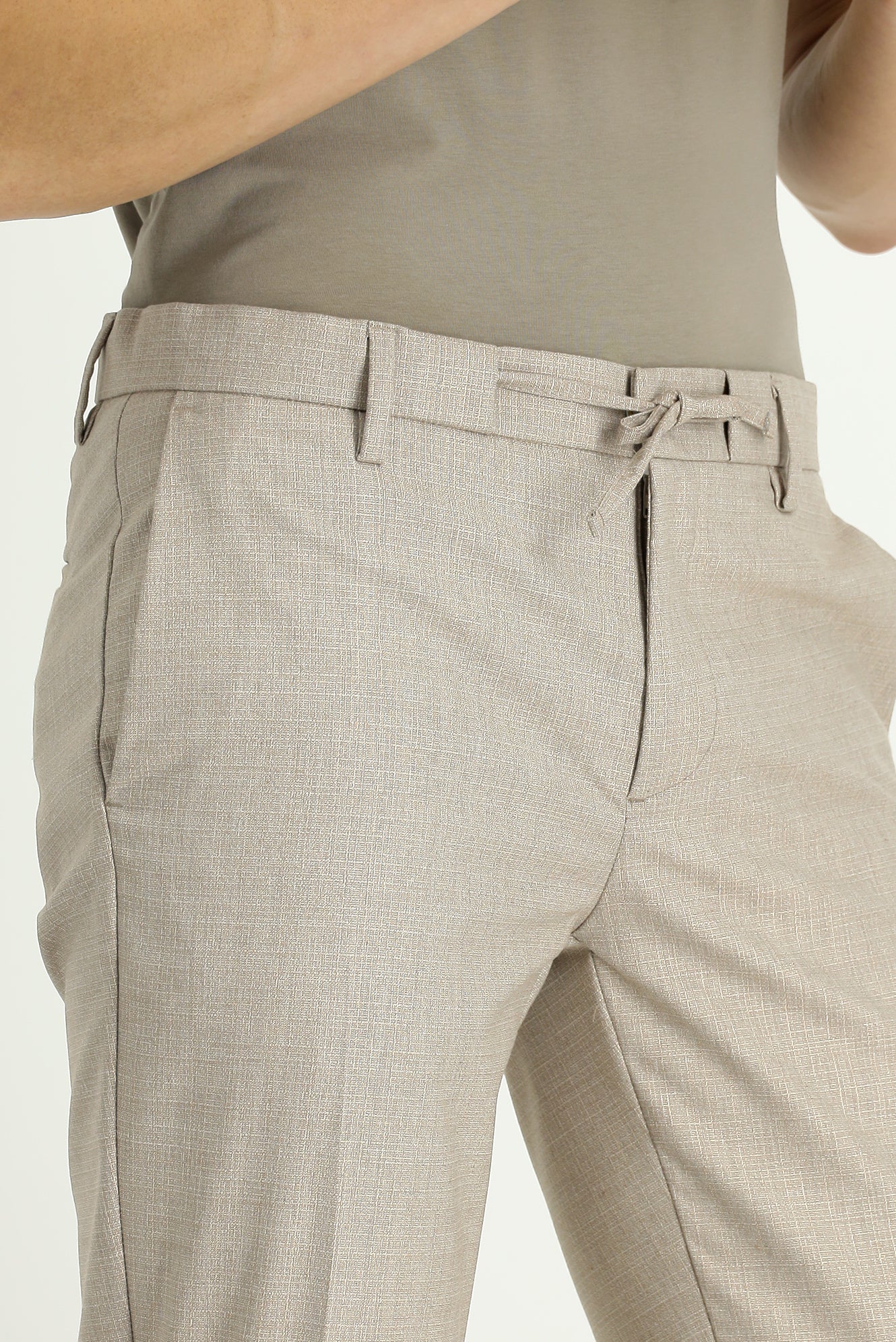 Açık Vizon 7 Drop Slim Fit Dar Kesim Desenli Beli Lastikli İpli Likralı Klasik Kumaş Pantolon - Image 3
