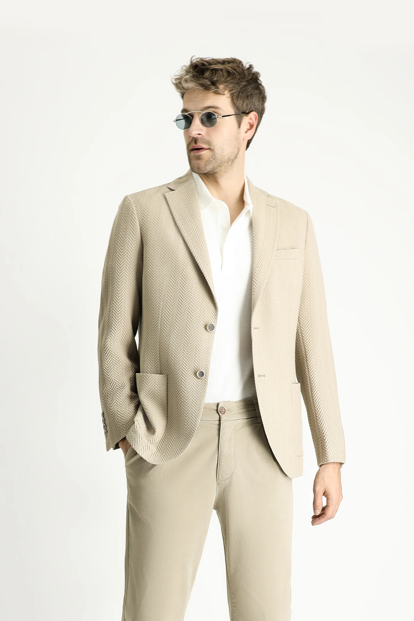 Açık Vizon 7 Drop Slim Fit Dar Kesim Desenli Spor Ceket