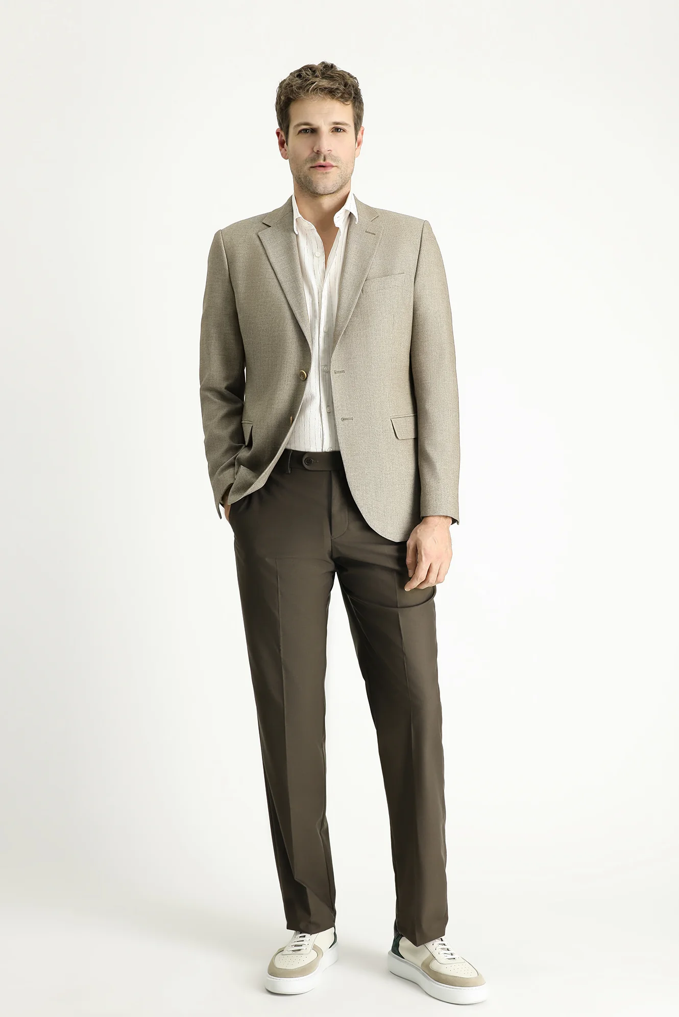 Açık Vizon 7 Drop Slim Fit Dar Kesim Klasik Desenli Ceket - Image 2