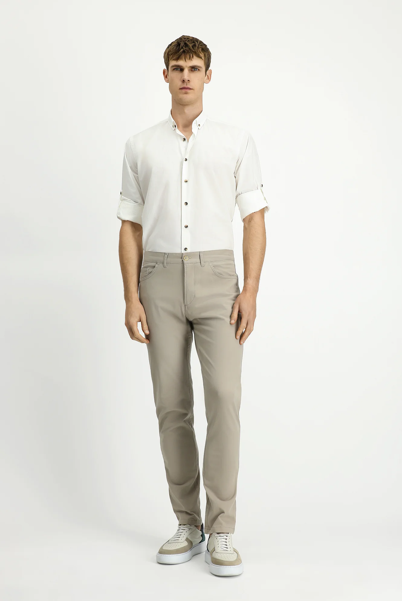 Açık Vizon Slim Fit Dar Kesim Likralı Yandan Cepli Kanvas / Chino Pantolon