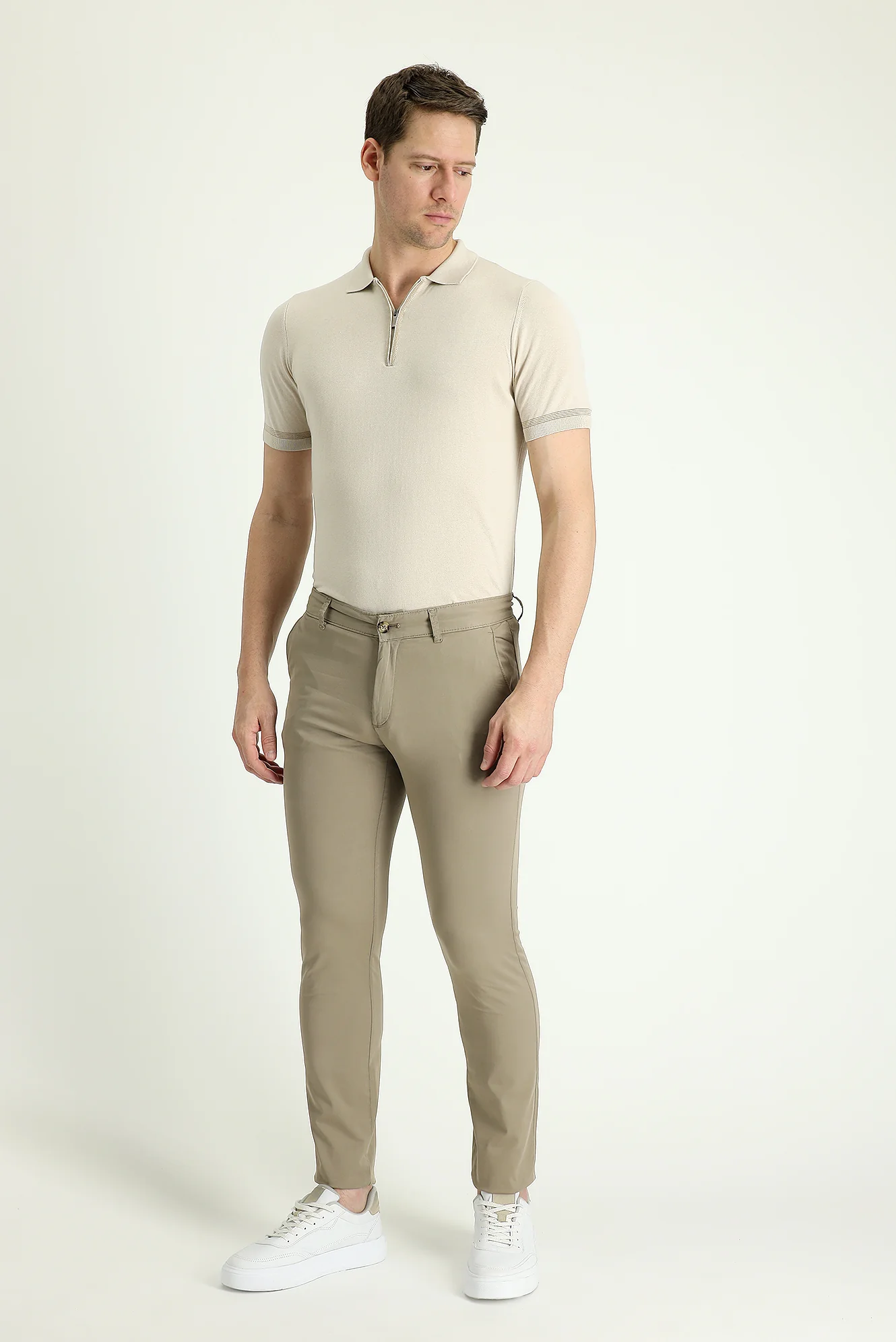 Açık Vizon Slim Fit Dar Kesim Likralı Saten Kanvas / Chino Pantolon