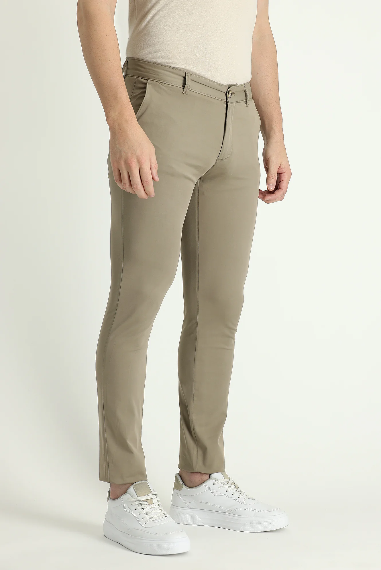 Açık Vizon Slim Fit Dar Kesim Likralı Saten Kanvas / Chino Pantolon - Image 2