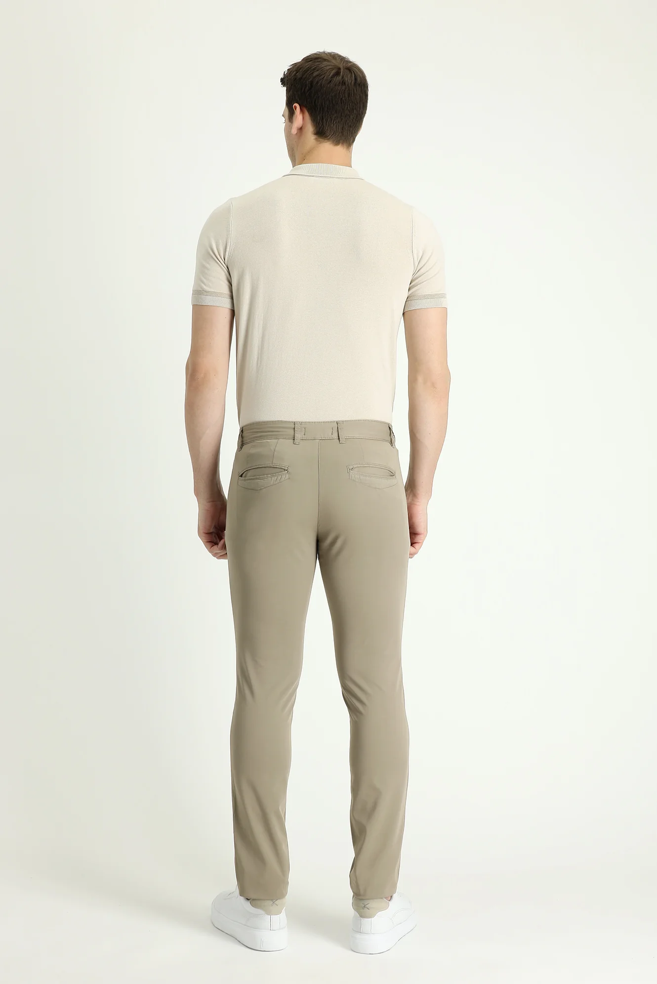 Açık Vizon Slim Fit Dar Kesim Likralı Saten Kanvas / Chino Pantolon - Image 3