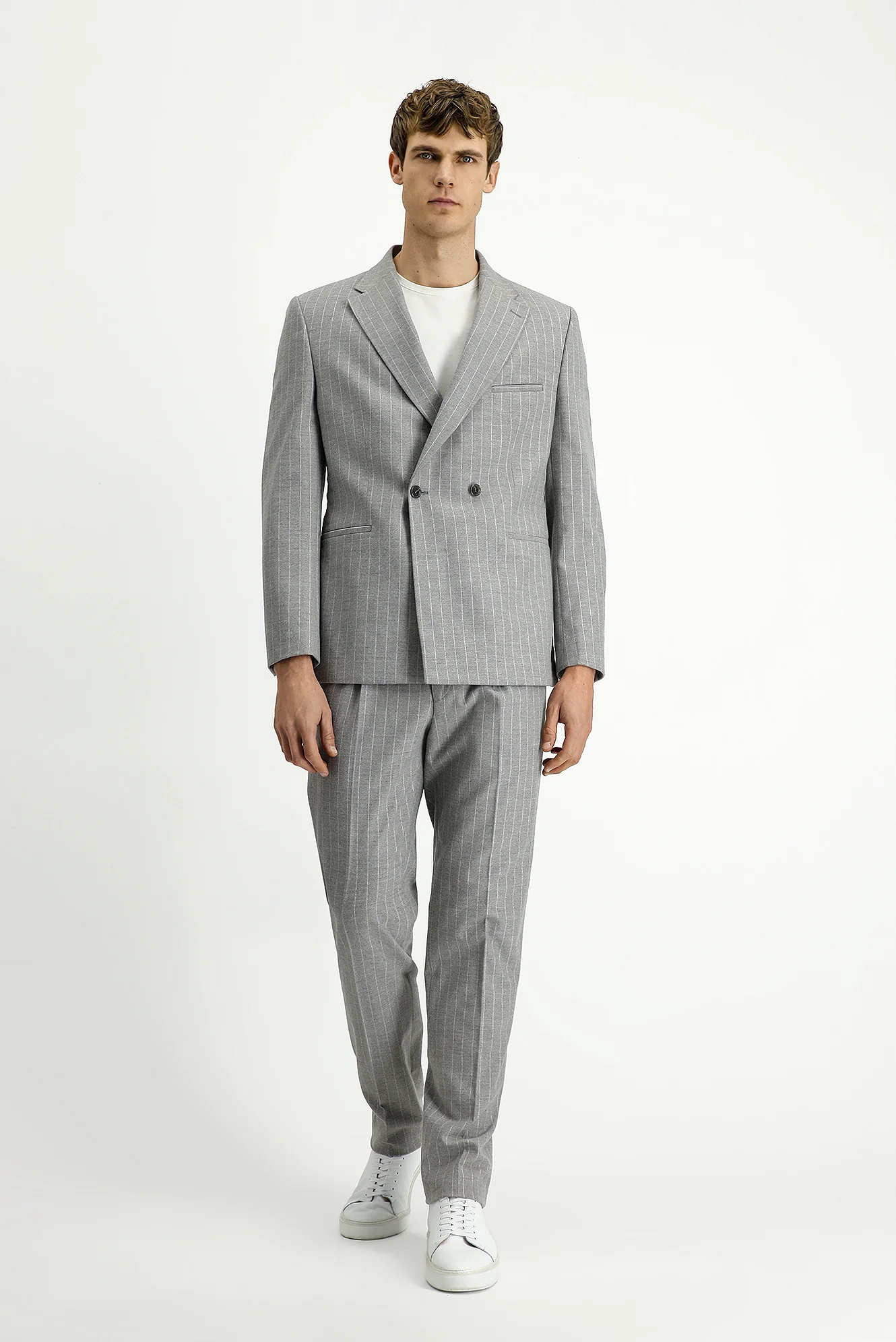 Açık Vizon 7 Drop Slim Fit Dar Kesim Çizgili Beli Tokalı Kruvaze Takım Elbise