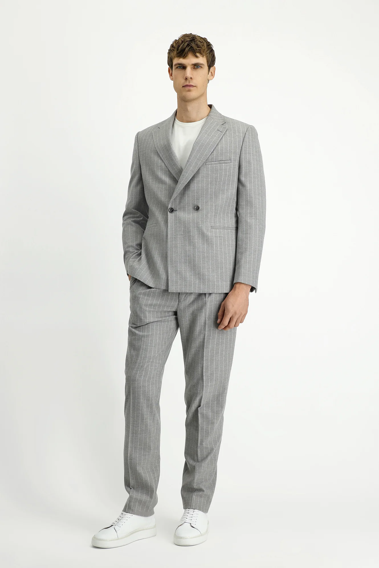 Açık Vizon 7 Drop Slim Fit Dar Kesim Çizgili Beli Tokalı Kruvaze Takım Elbise - Image 4