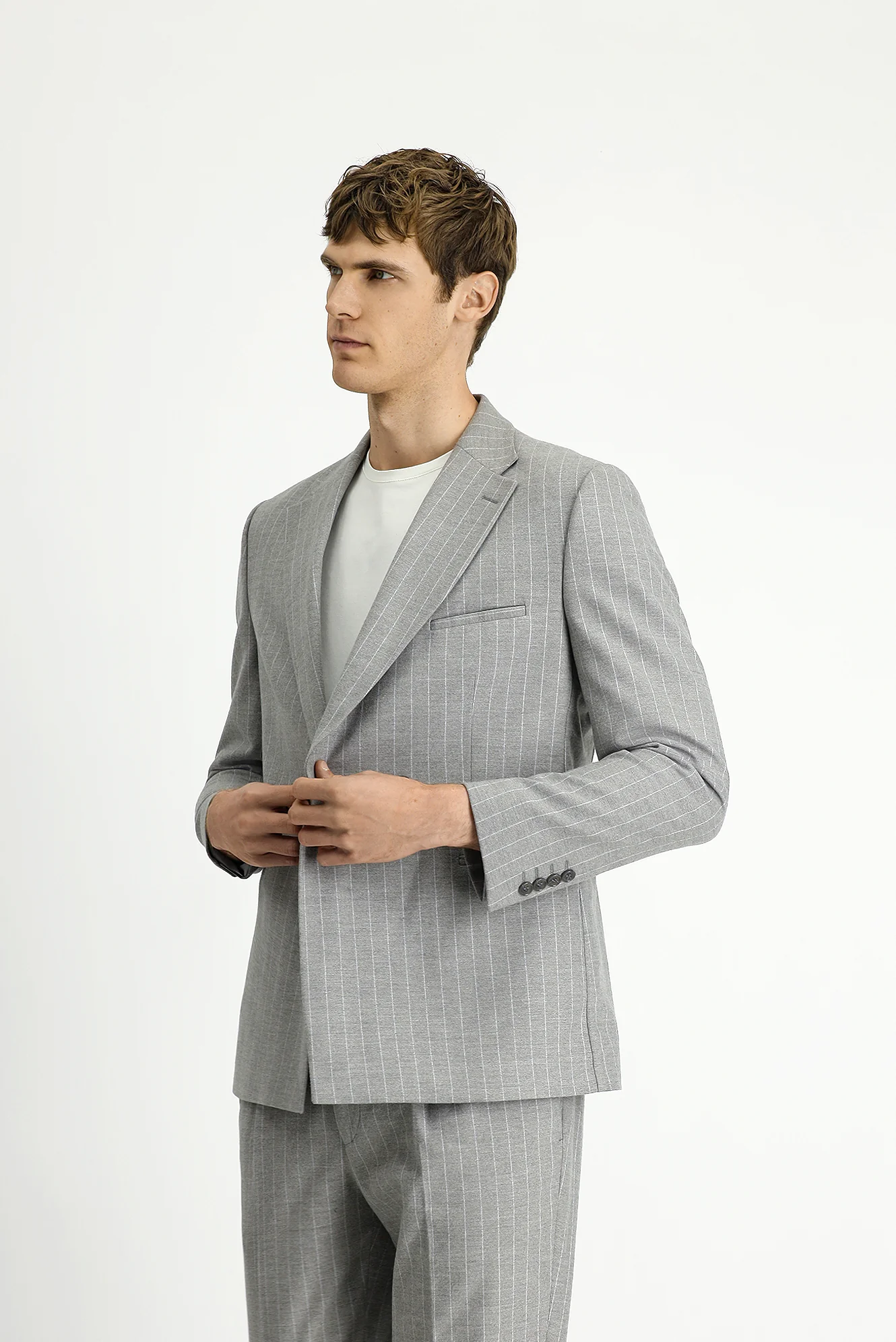 Açık Vizon 7 Drop Slim Fit Dar Kesim Çizgili Beli Tokalı Kruvaze Takım Elbise - Image 5