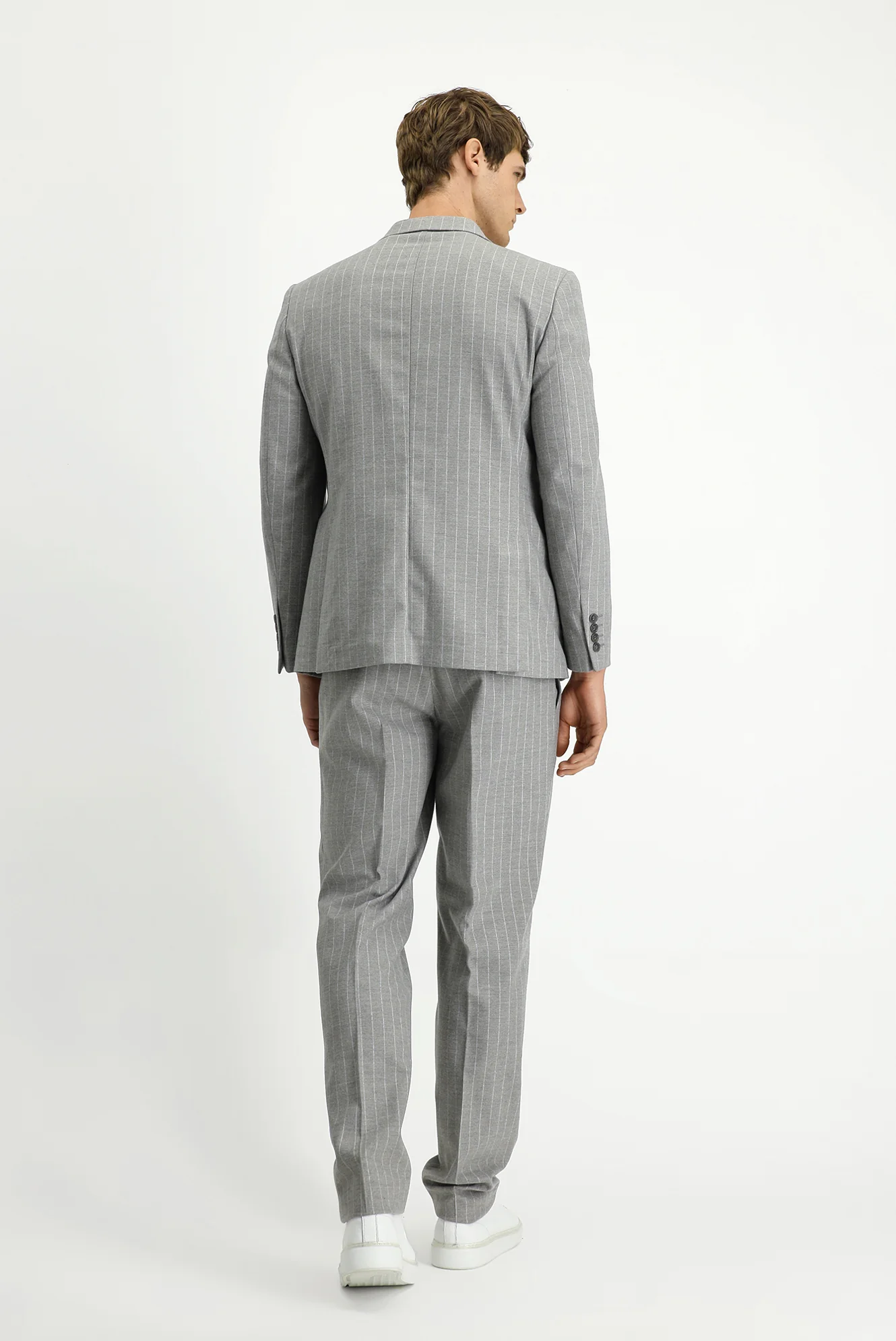 Açık Vizon 7 Drop Slim Fit Dar Kesim Çizgili Beli Tokalı Kruvaze Takım Elbise - Image 6
