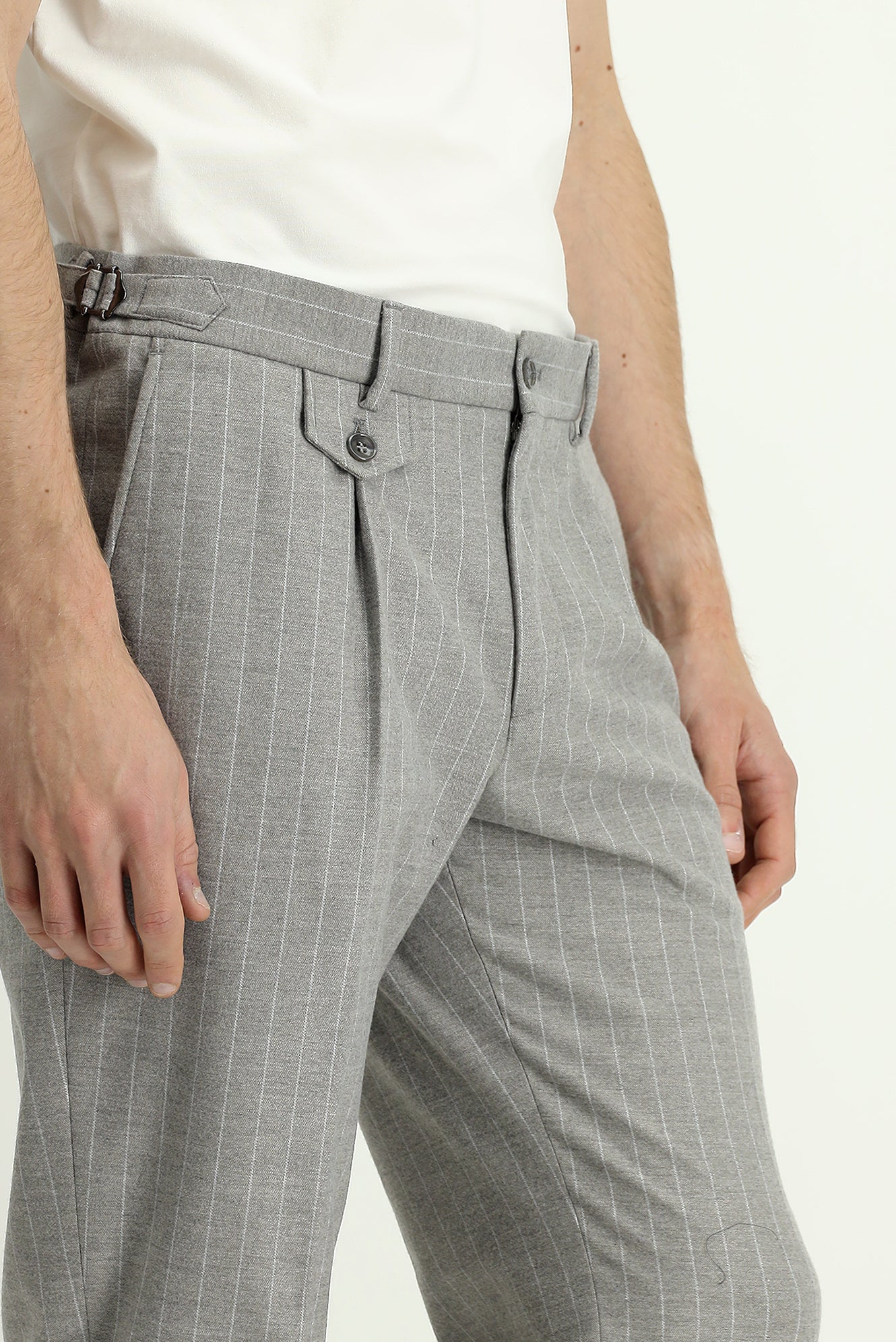 Açık Vizon 7 Drop Slim Fit Dar Kesim Çizgili Beli Tokalı Kruvaze Takım Elbise - Image 7