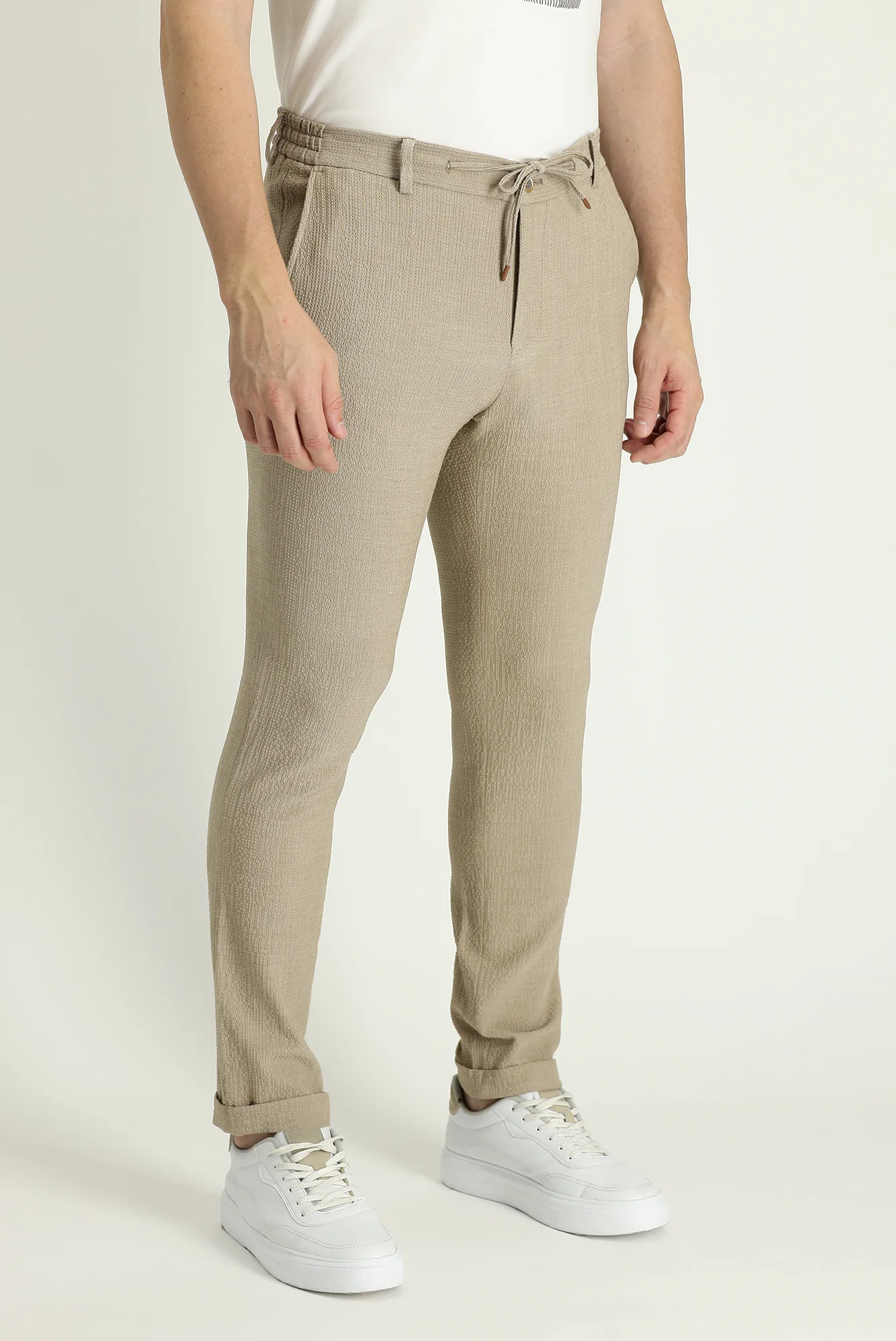 Açık Vizon 7 Drop Super Slim Fit Eksra Dar Kesim Beli Lastikli İpli Desenli Likralı Klasik Kumaş Pantolon - Image 3