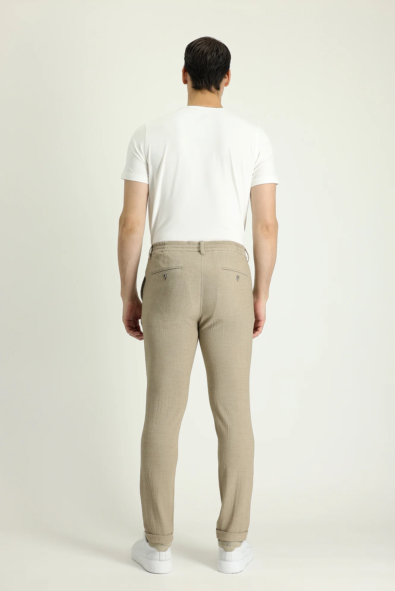 Açık Vizon 7 Drop Super Slim Fit Eksra Dar Kesim Beli Lastikli İpli Desenli Likralı Klasik Kumaş Pantolon - Image 4