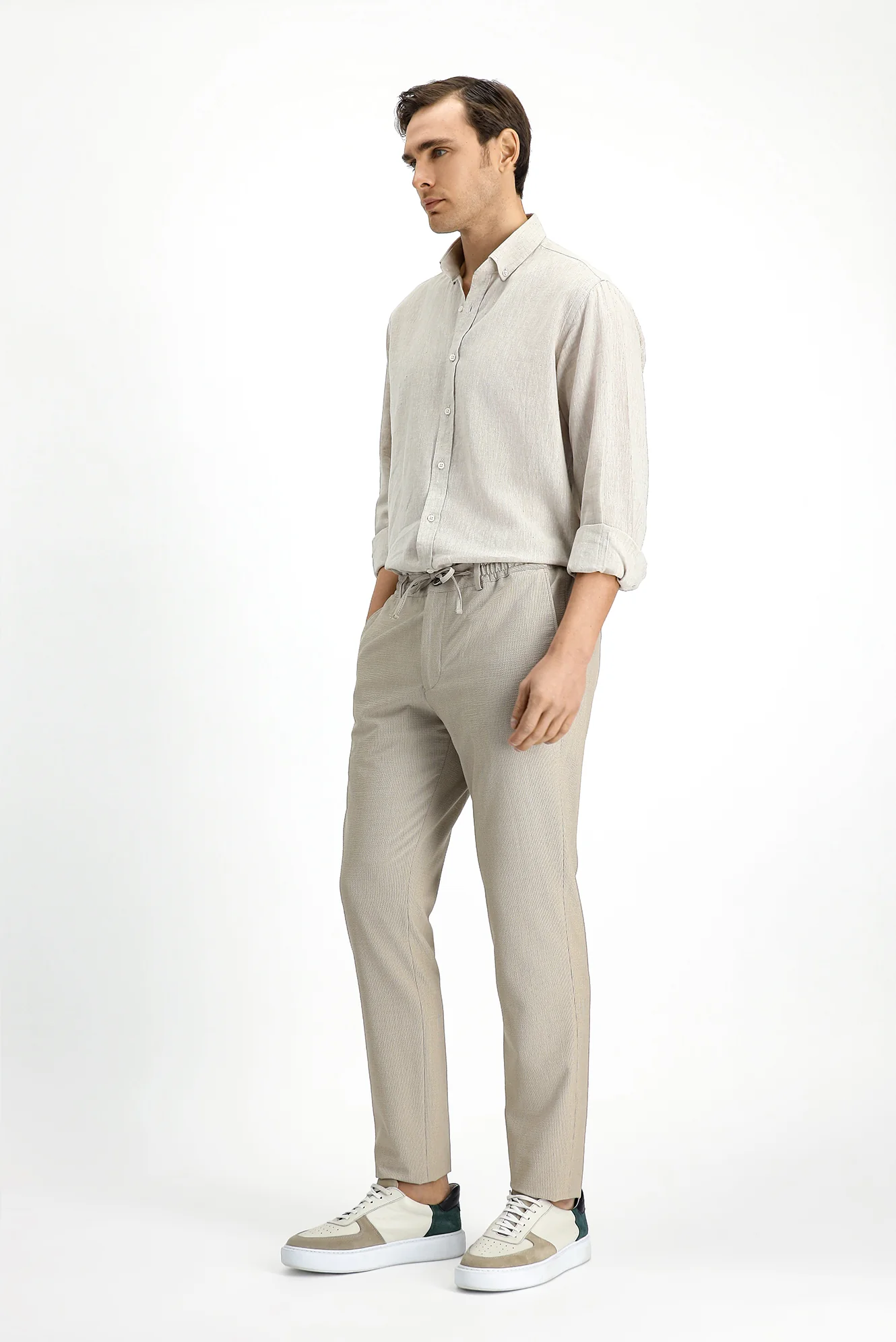 Açık Vizon 7 Drop Super Slim Fit Eksra Dar Kesim Beli Lastikli İpli Gofre Likralı Klasik Kumaş Pantolon - Image 2