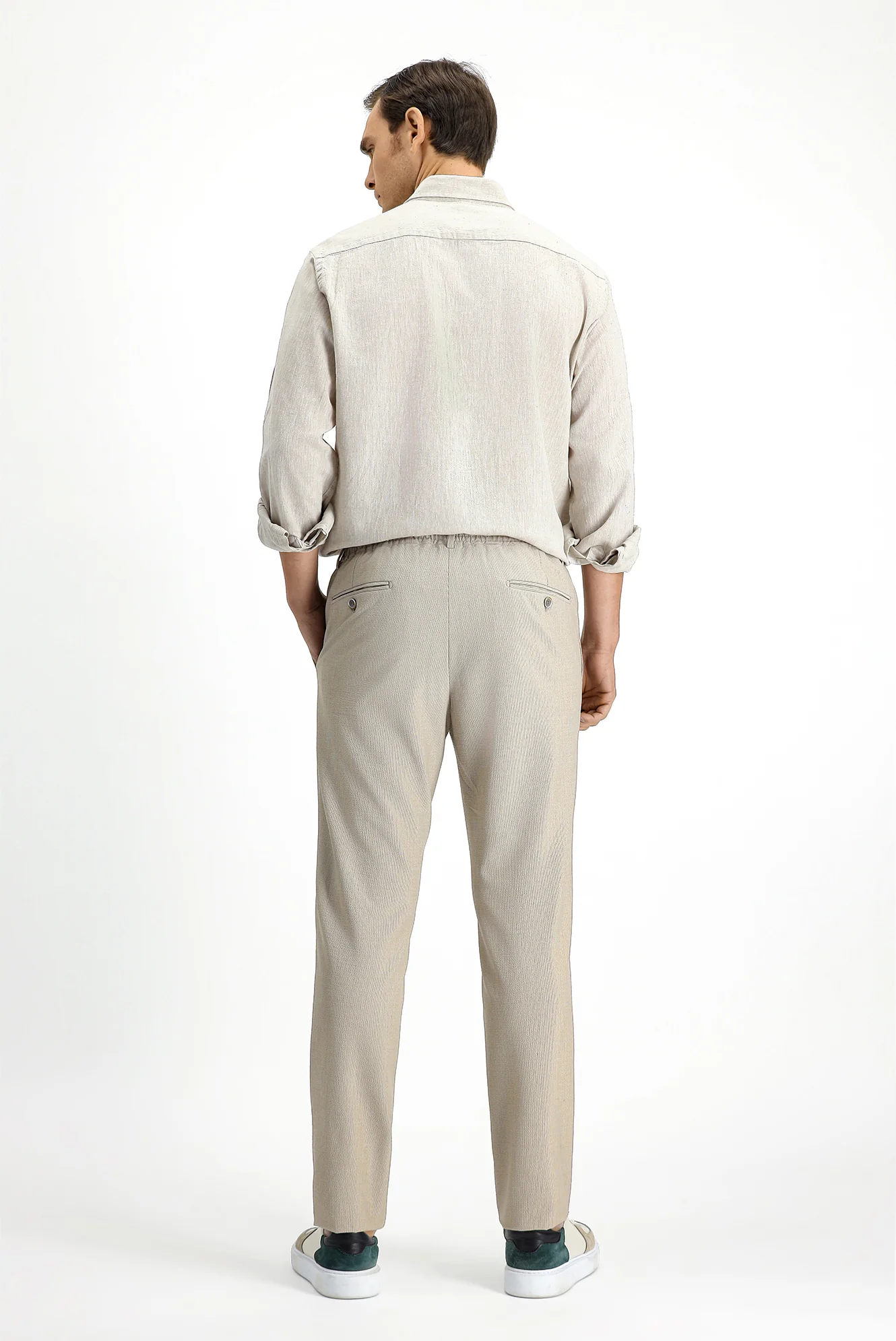 Açık Vizon 7 Drop Super Slim Fit Eksra Dar Kesim Beli Lastikli İpli Gofre Likralı Klasik Kumaş Pantolon - Image 3