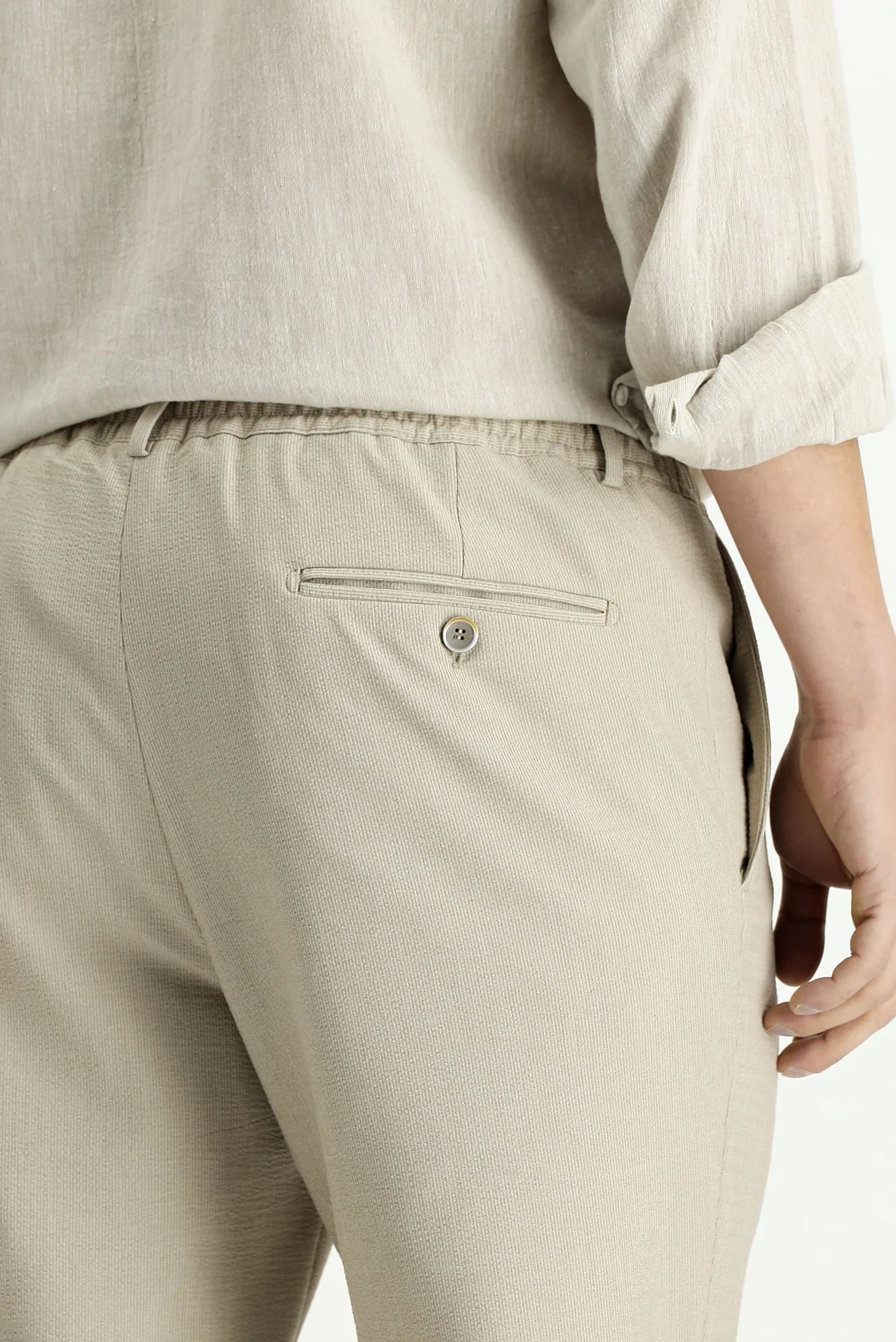 Açık Vizon 7 Drop Super Slim Fit Eksra Dar Kesim Beli Lastikli İpli Gofre Likralı Klasik Kumaş Pantolon - Image 5