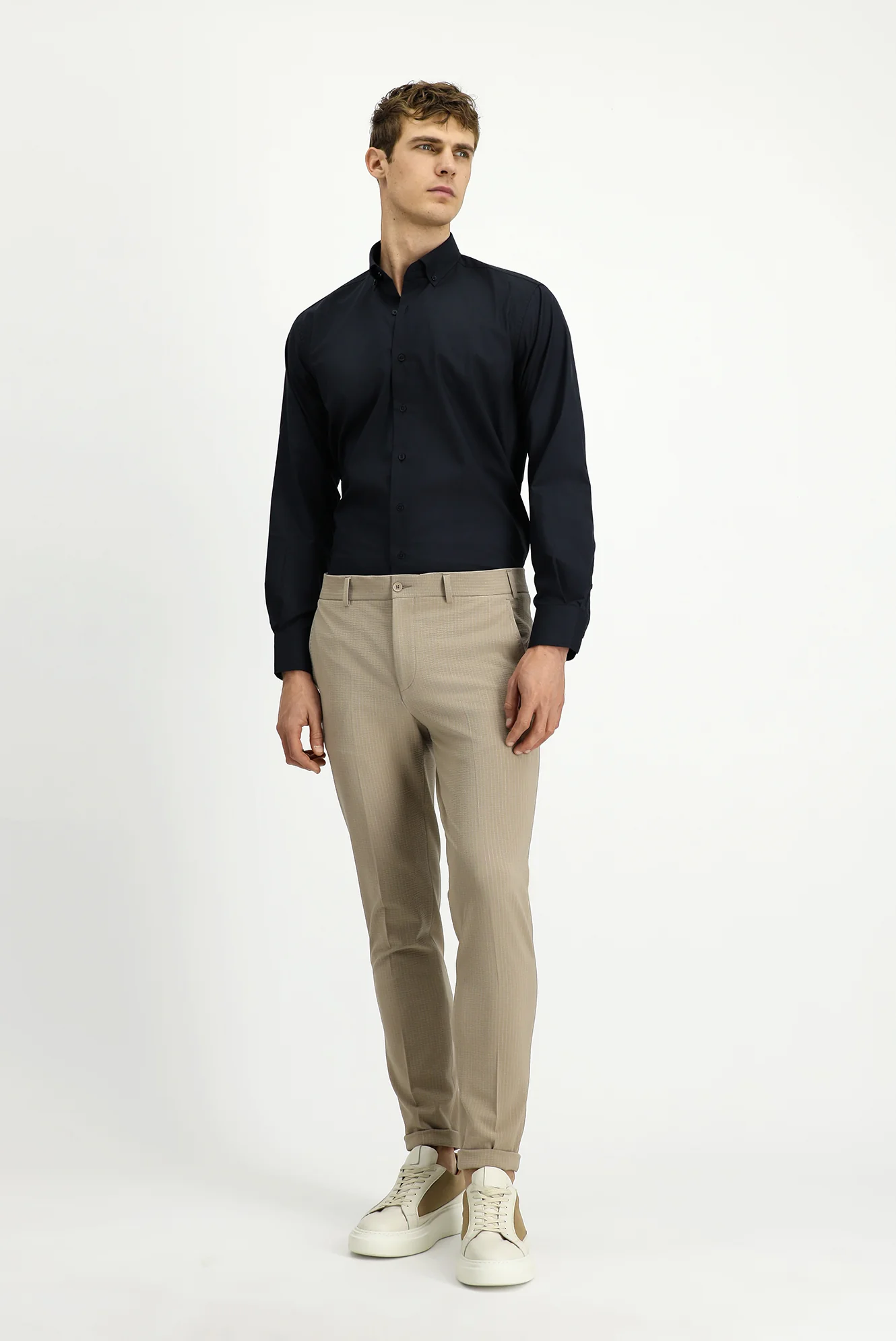 Açık Vizon 7 Drop Super Slim Fit Eksra Dar Kesim Likralı Çizgili Klasik Kumaş Pantolon