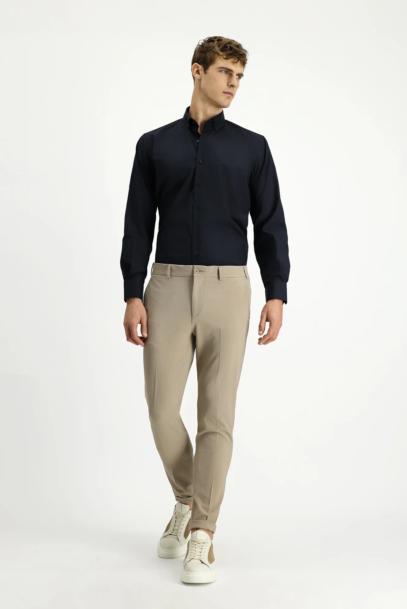 Açık Vizon 7 Drop Super Slim Fit Eksra Dar Kesim Likralı Çizgili Klasik Kumaş Pantolon - Image 2