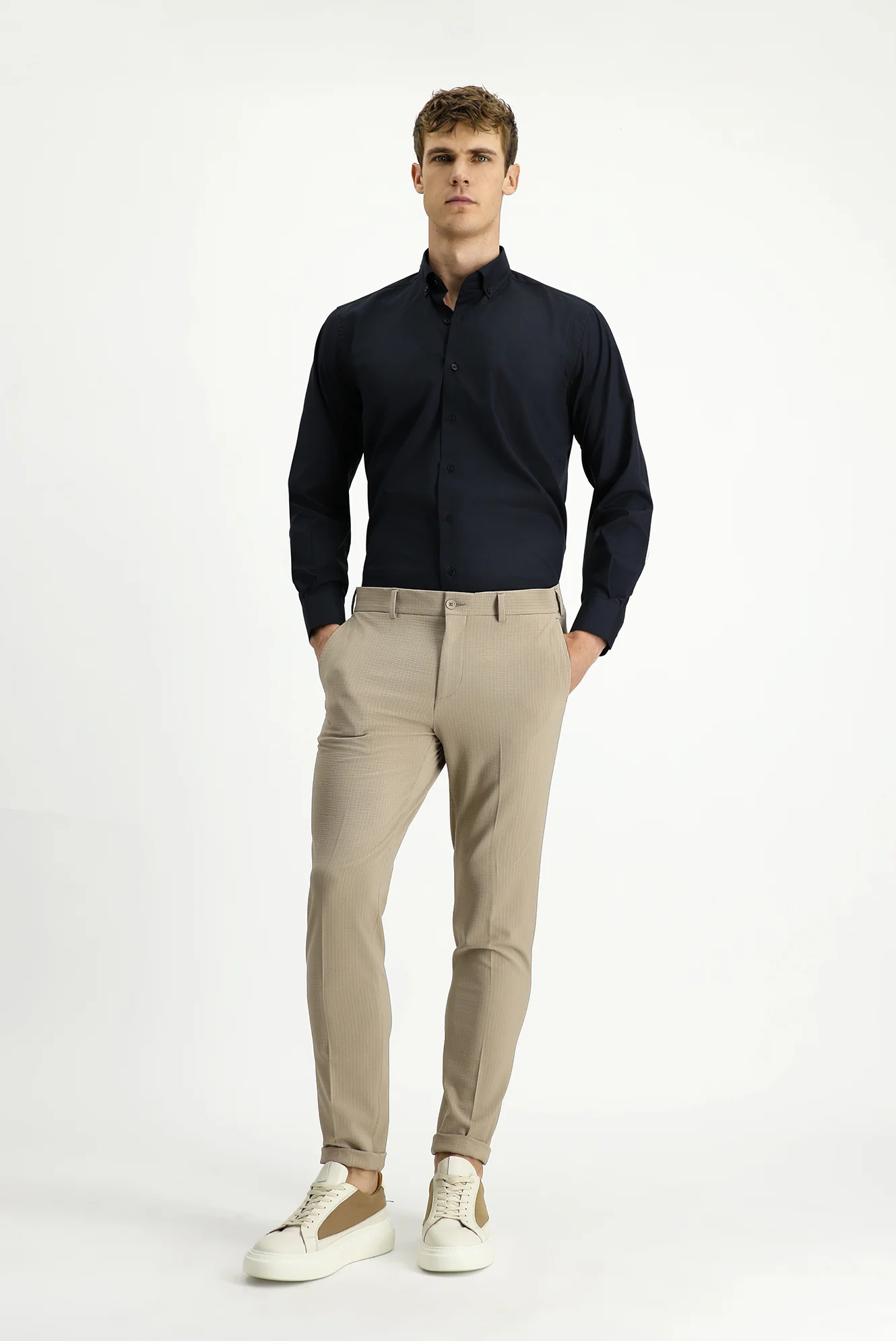 Açık Vizon 7 Drop Super Slim Fit Eksra Dar Kesim Likralı Çizgili Klasik Kumaş Pantolon - Image 3