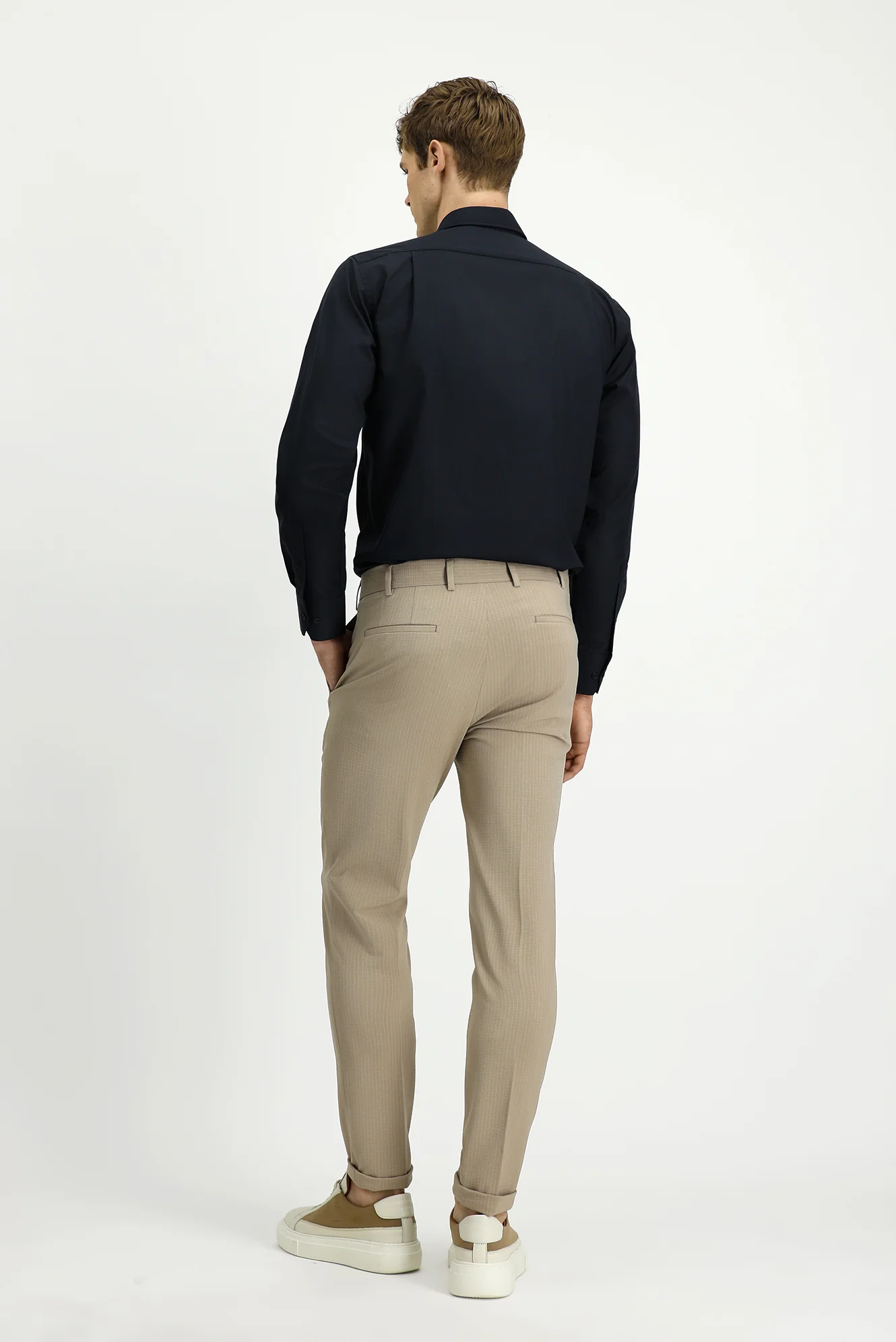 Açık Vizon 7 Drop Super Slim Fit Eksra Dar Kesim Likralı Çizgili Klasik Kumaş Pantolon - Image 4