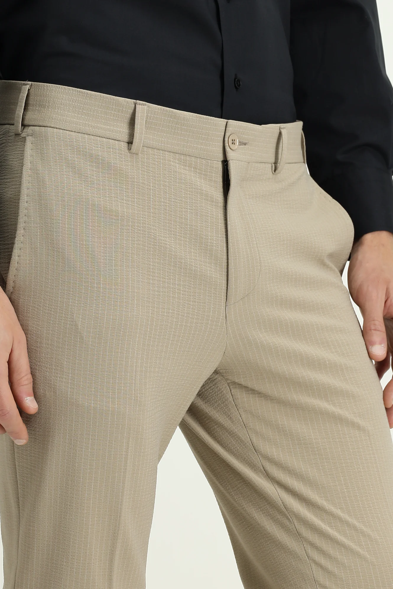 Açık Vizon 7 Drop Super Slim Fit Eksra Dar Kesim Likralı Çizgili Klasik Kumaş Pantolon - Image 5
