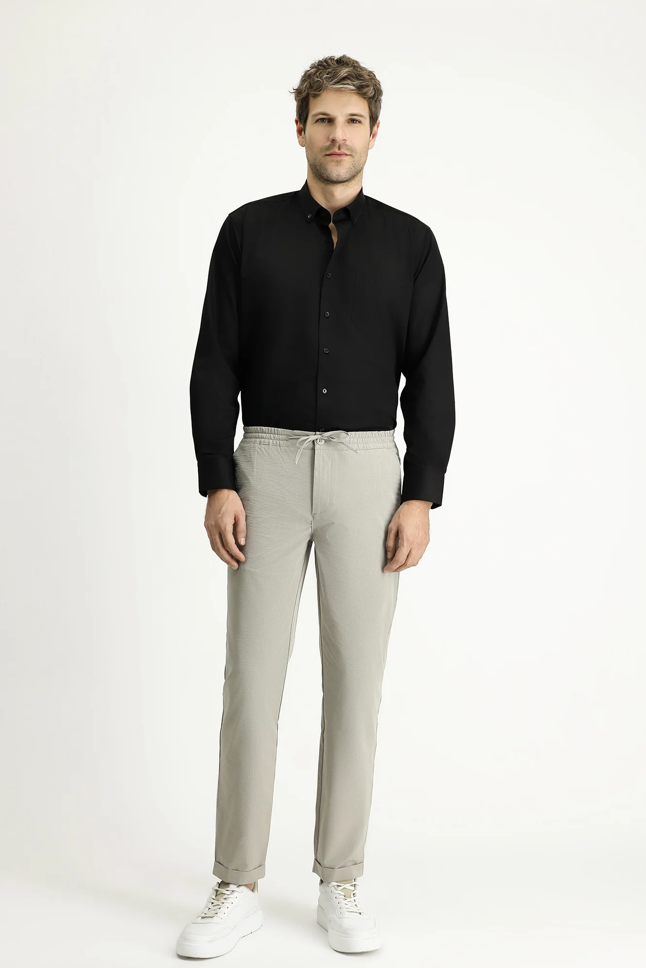 Açık Vizon Techno-Line 7 Drop Slim Fit Dar Kesim Beli Lastikli İpli Klasik Kumaş Pantolon - Image 3