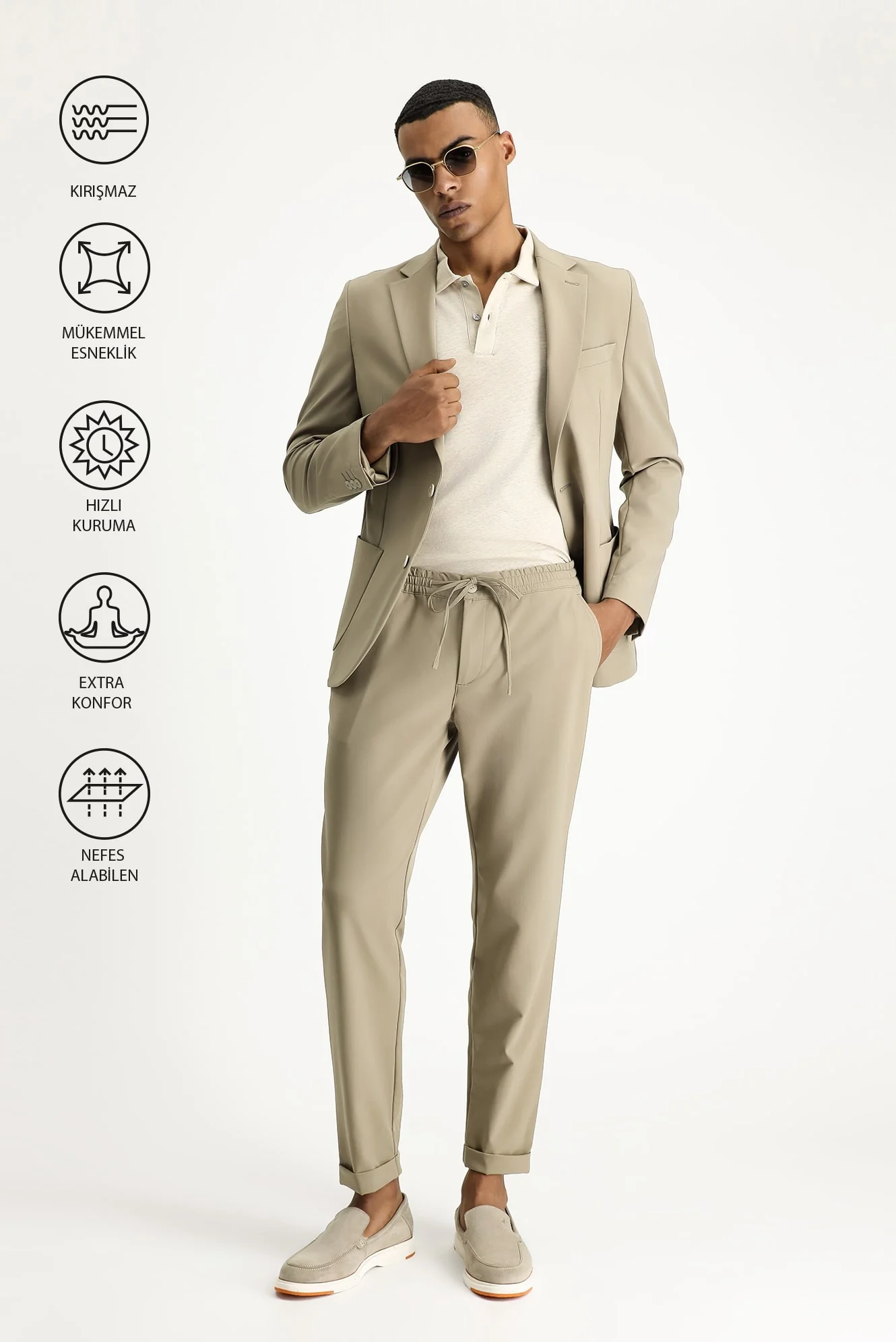 Açık Vizon Techno-Line 7 Drop Slim Fit Dar Kesim Beli Lastikli İpli Likralı Klasik Kumaş Pantolon