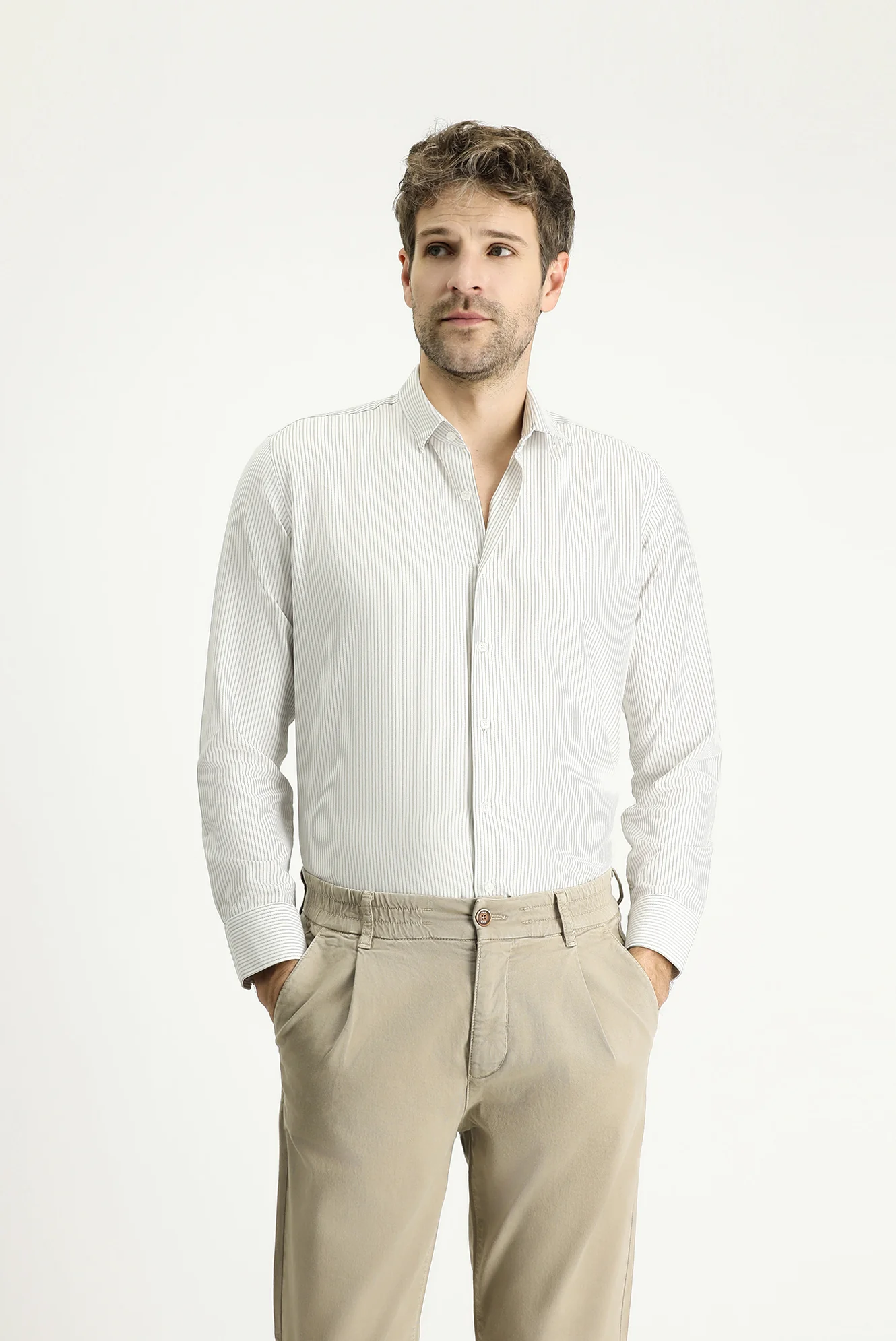 Açık Vizon Uzun Kol Slim Fit Dar Kesim Çizgili Pamuklu Kolay Ütülenebilir Gömlek