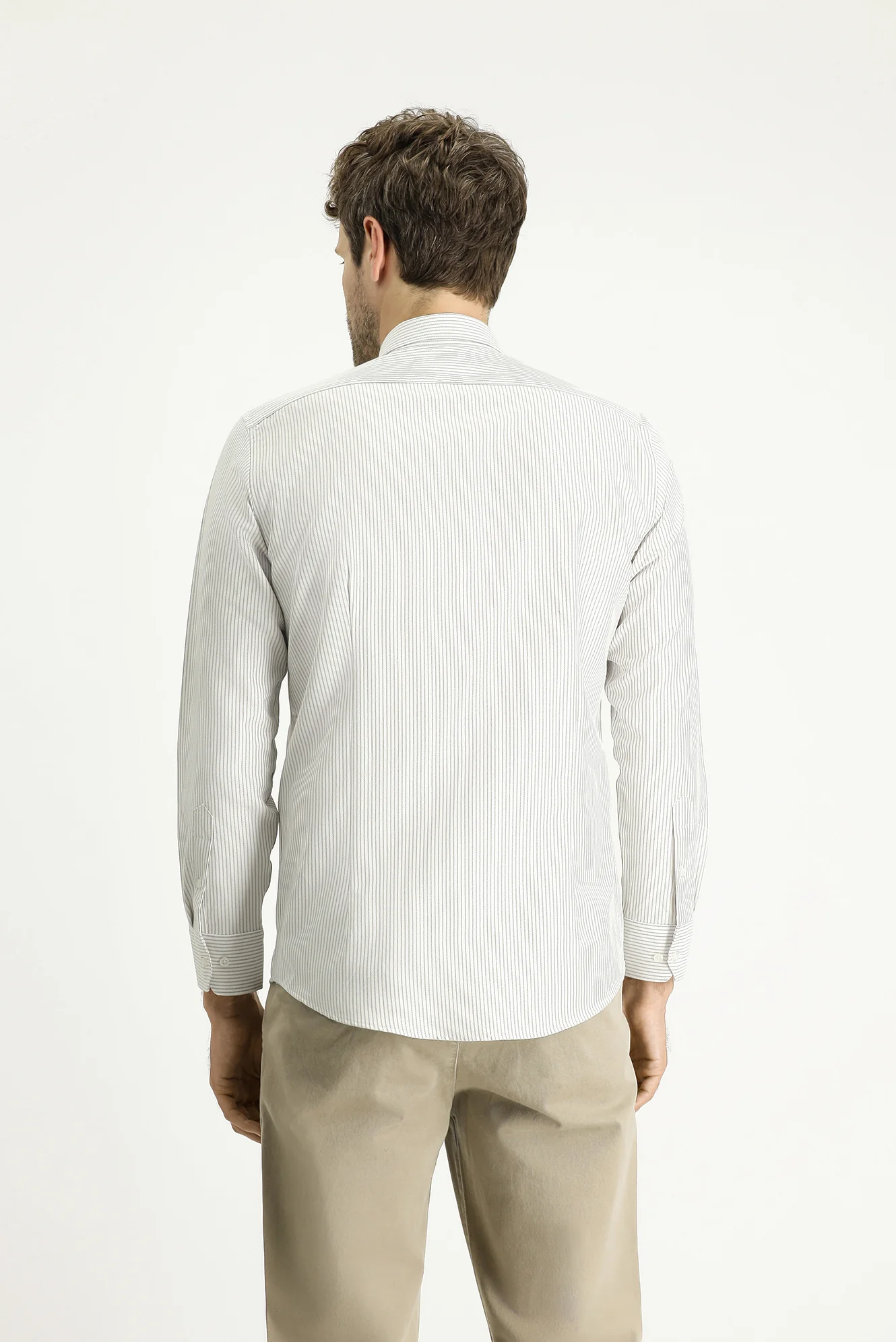 Açık Vizon Uzun Kol Slim Fit Dar Kesim Çizgili Pamuklu Kolay Ütülenebilir Gömlek - Image 5