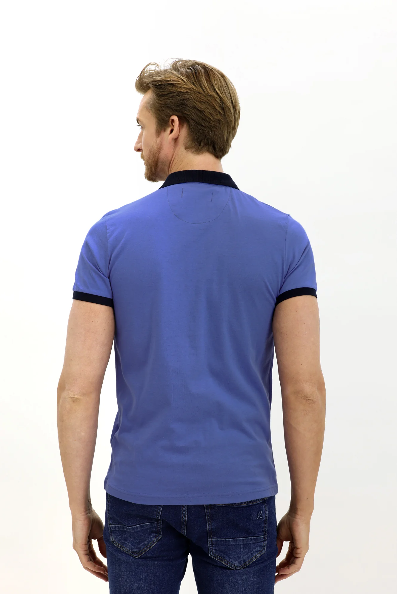Aqua Mavisi Polo Yaka Slim Fit Dar Kesim Desenli Pamuk Tişört - Image 4