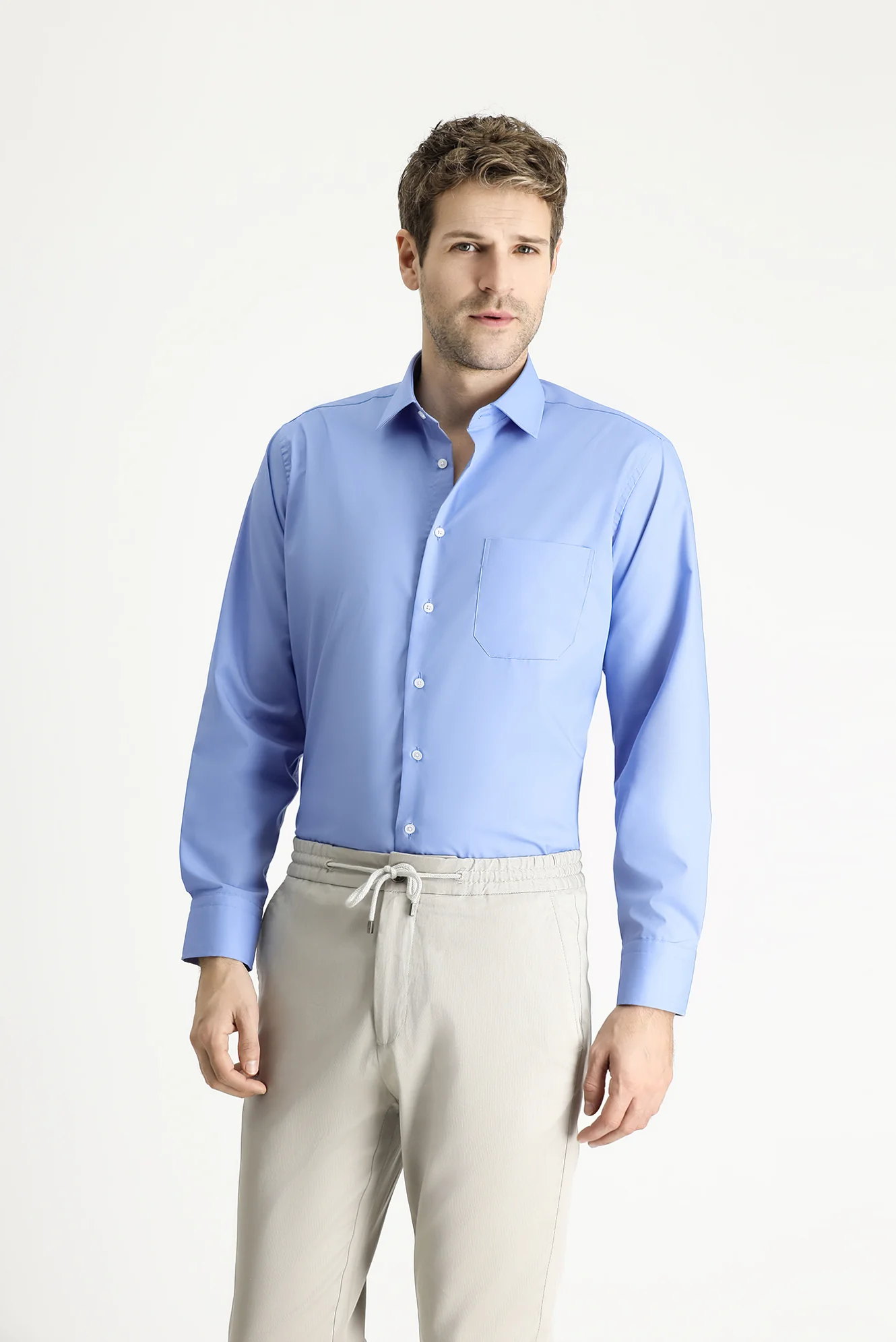 Aqua Mavisi Uzun Kol Regular Fit Klasik Yaka Cepli Pamuklu Non Iron Ütü Gerektirmeyen Gömlek - Image 3