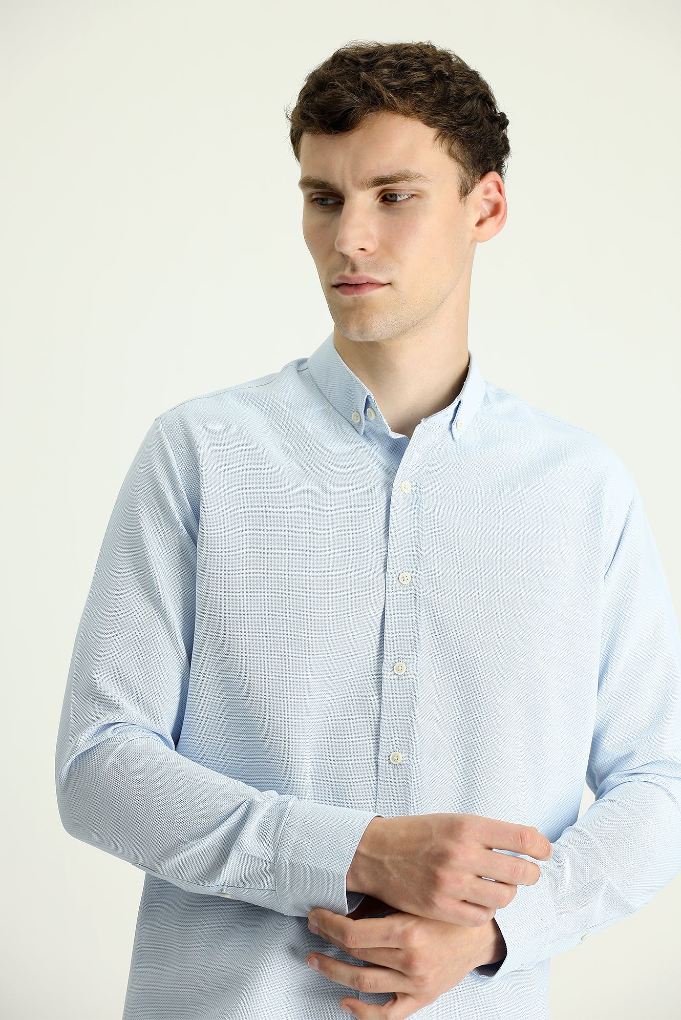 Aqua Mavisi Uzun Kol Slim Fit Dar Kesim Desenli Spor Pamuklu Kolay Ütülenebilir Düğmeli Yaka Gömlek