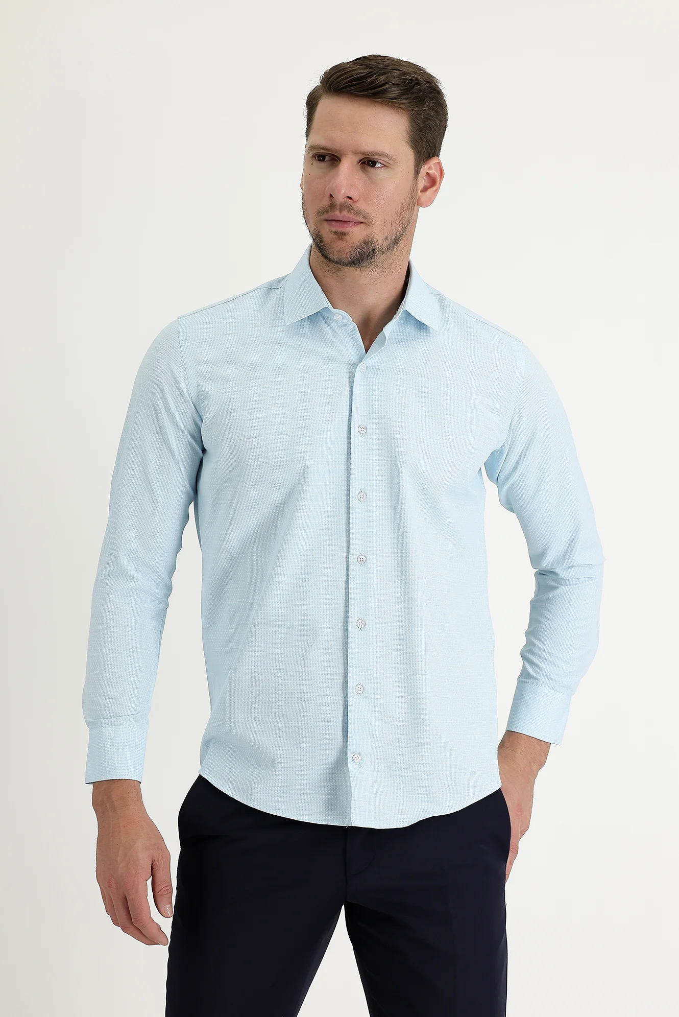 Aqua Mavisi Uzun Kol Slim Fit Dar Kesim Klasik Desenli Pamuklu Kolay Ütülenebilir Gömlek - Image 2