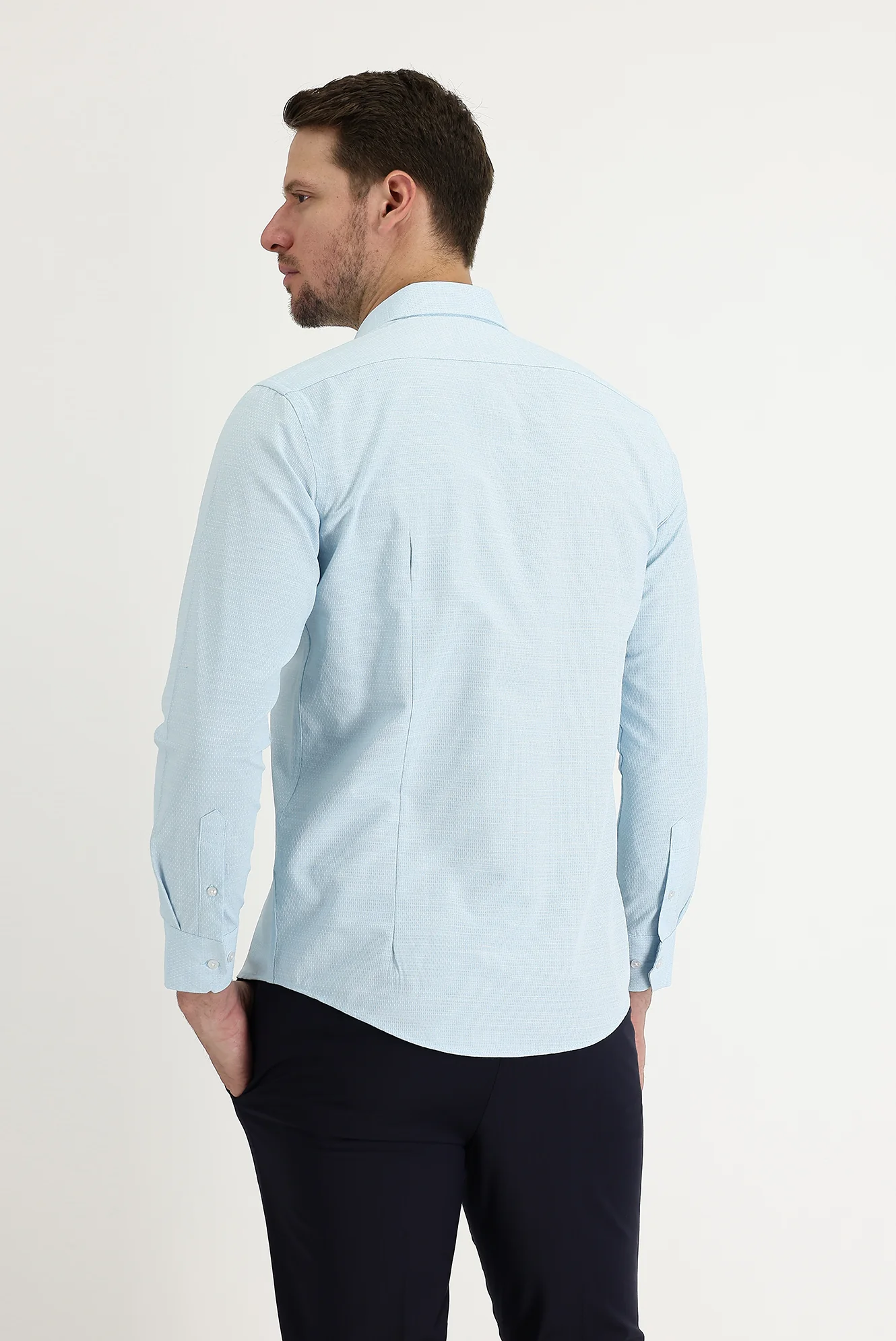 Aqua Mavisi Uzun Kol Slim Fit Dar Kesim Klasik Desenli Pamuklu Kolay Ütülenebilir Gömlek - Image 3