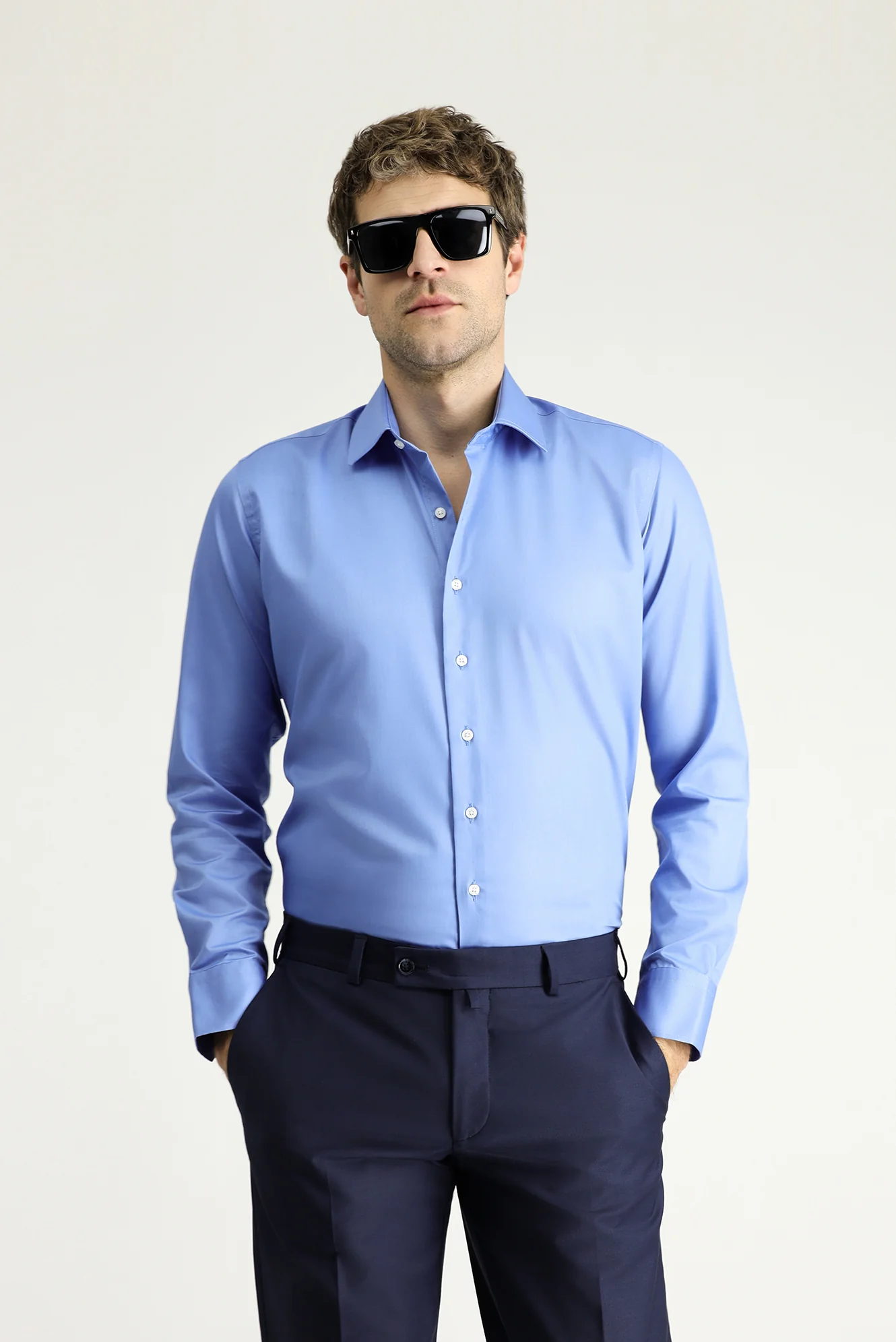 Aqua Mavisi Uzun Kol Slim Fit Dar Kesim Klasik Non Iron Saten Pamuklu Gömlek