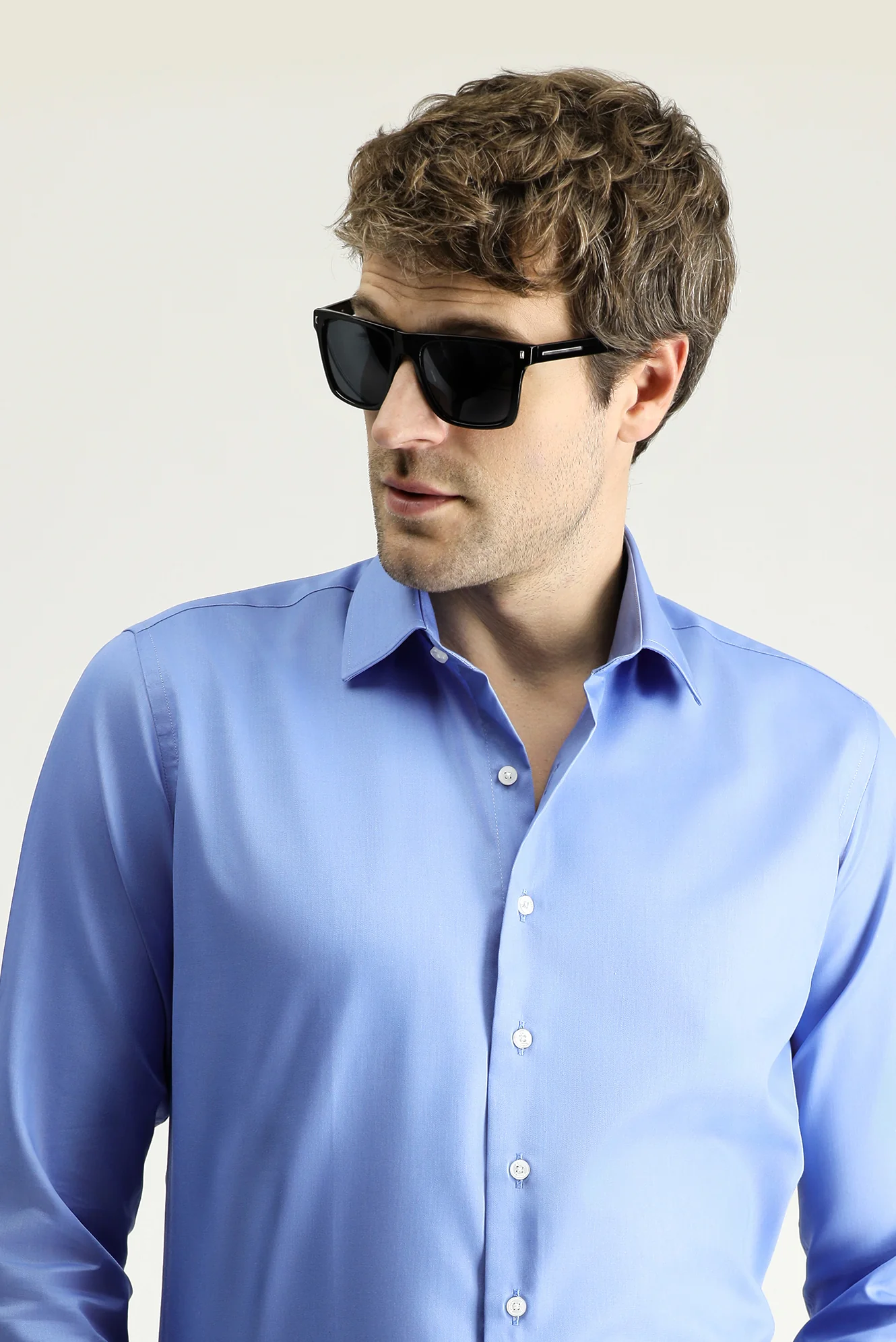 Aqua Mavisi Uzun Kol Slim Fit Dar Kesim Klasik Non Iron Saten Pamuklu Gömlek - Image 2