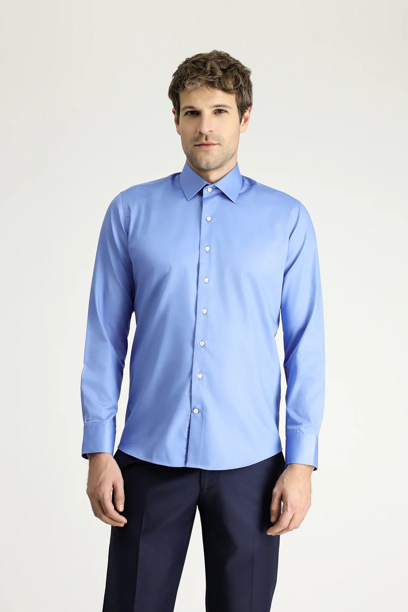 Aqua Mavisi Uzun Kol Slim Fit Dar Kesim Klasik Non Iron Saten Pamuklu Gömlek - Image 3