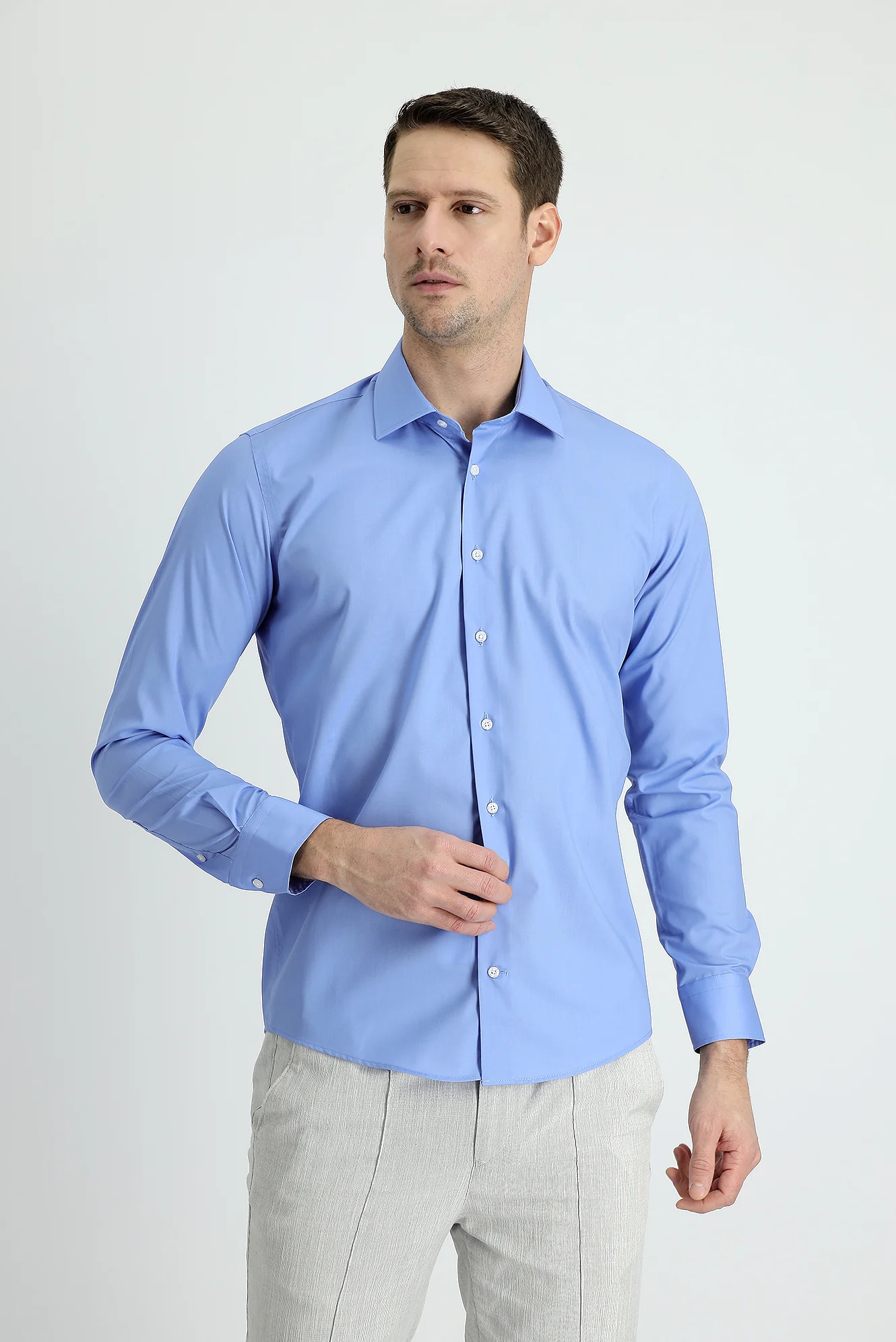 Aqua Mavisi Uzun Kol Slim Fit Dar Kesim Non Iron Klasik Pamuklu Kolay Ütülenebilir Gömlek - Image 2