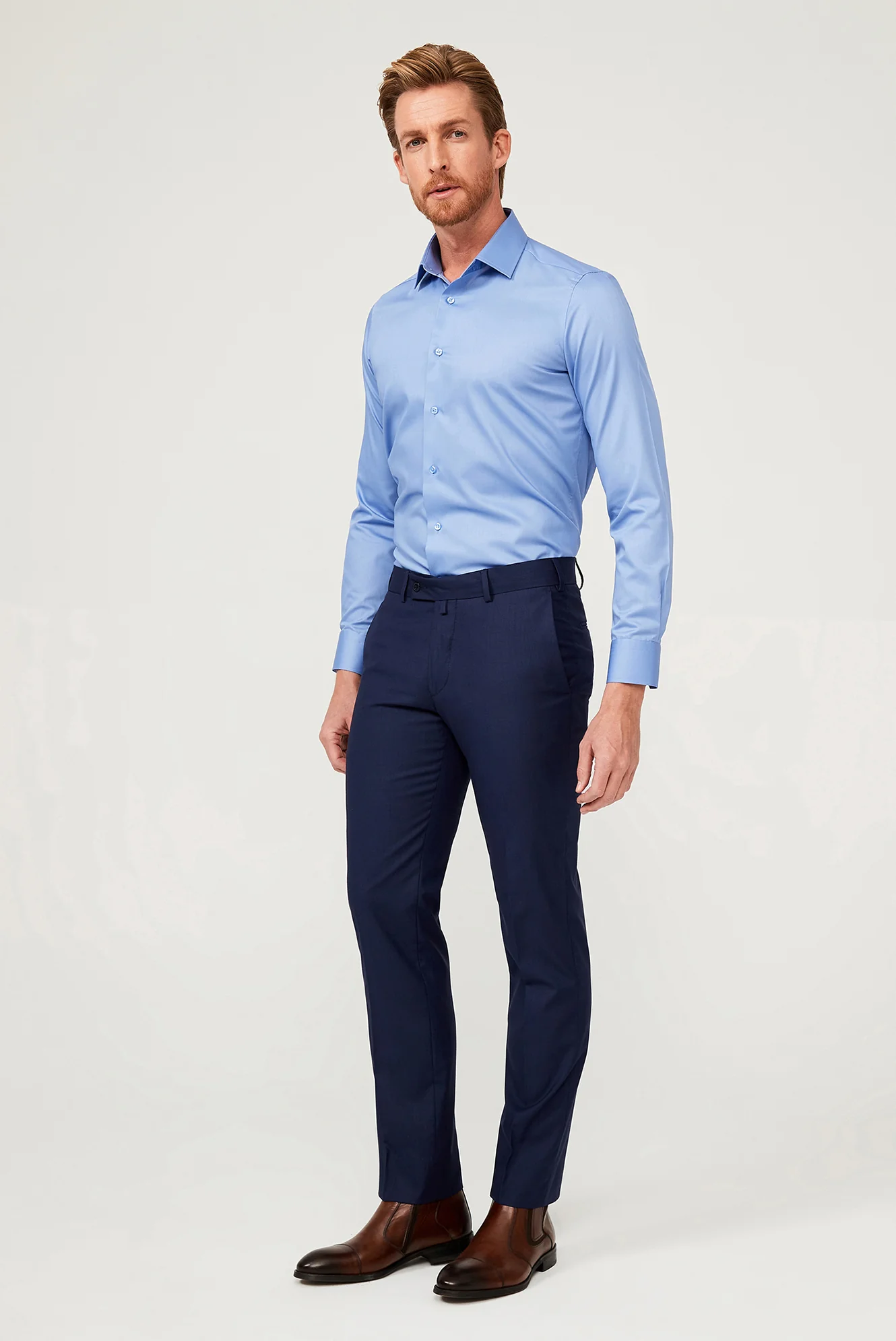 Aqua Mavisi Uzun Kol Slim Fit Dar Kesim Non Iron Saten Klasik Pamuklu Gömlek - Image 5