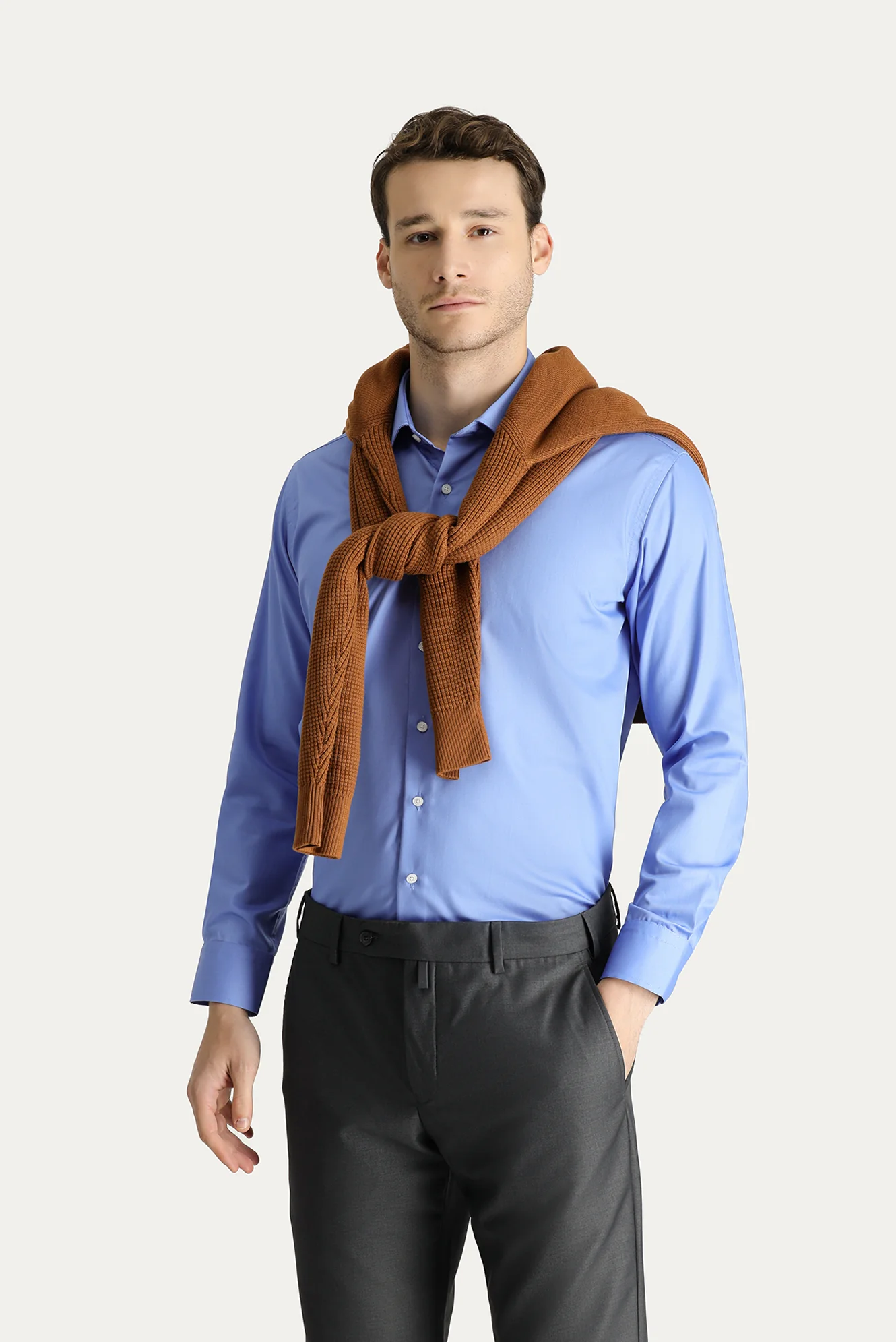 Aqua Mavisi Uzun Kol Slim Fit Dar Kesim Non Iron Saten Pamuklu Gömlek - Image 2