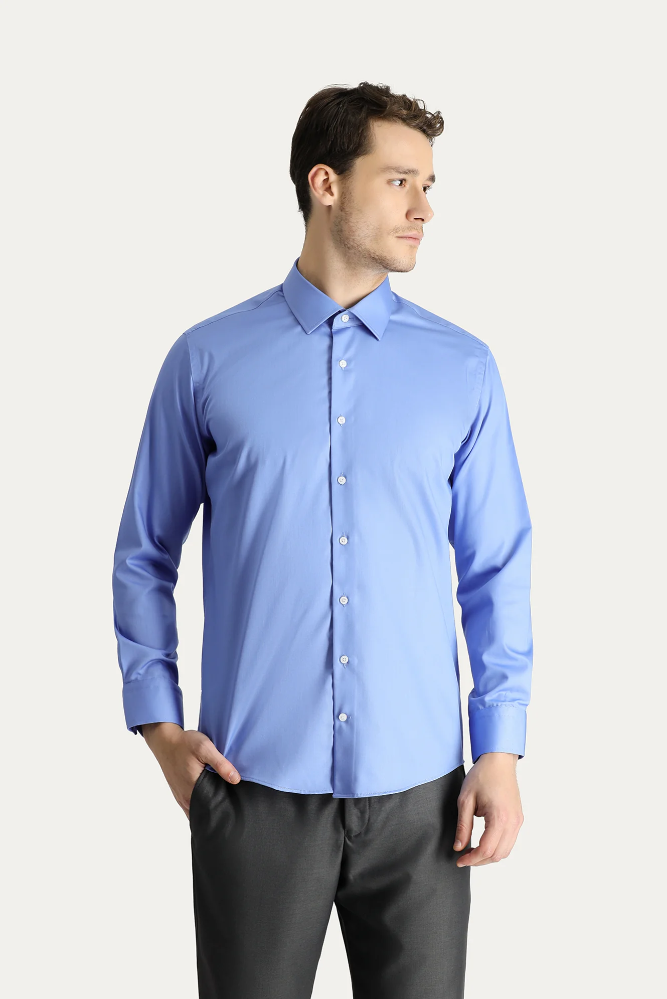 Aqua Mavisi Uzun Kol Slim Fit Dar Kesim Non Iron Saten Pamuklu Gömlek - Image 3