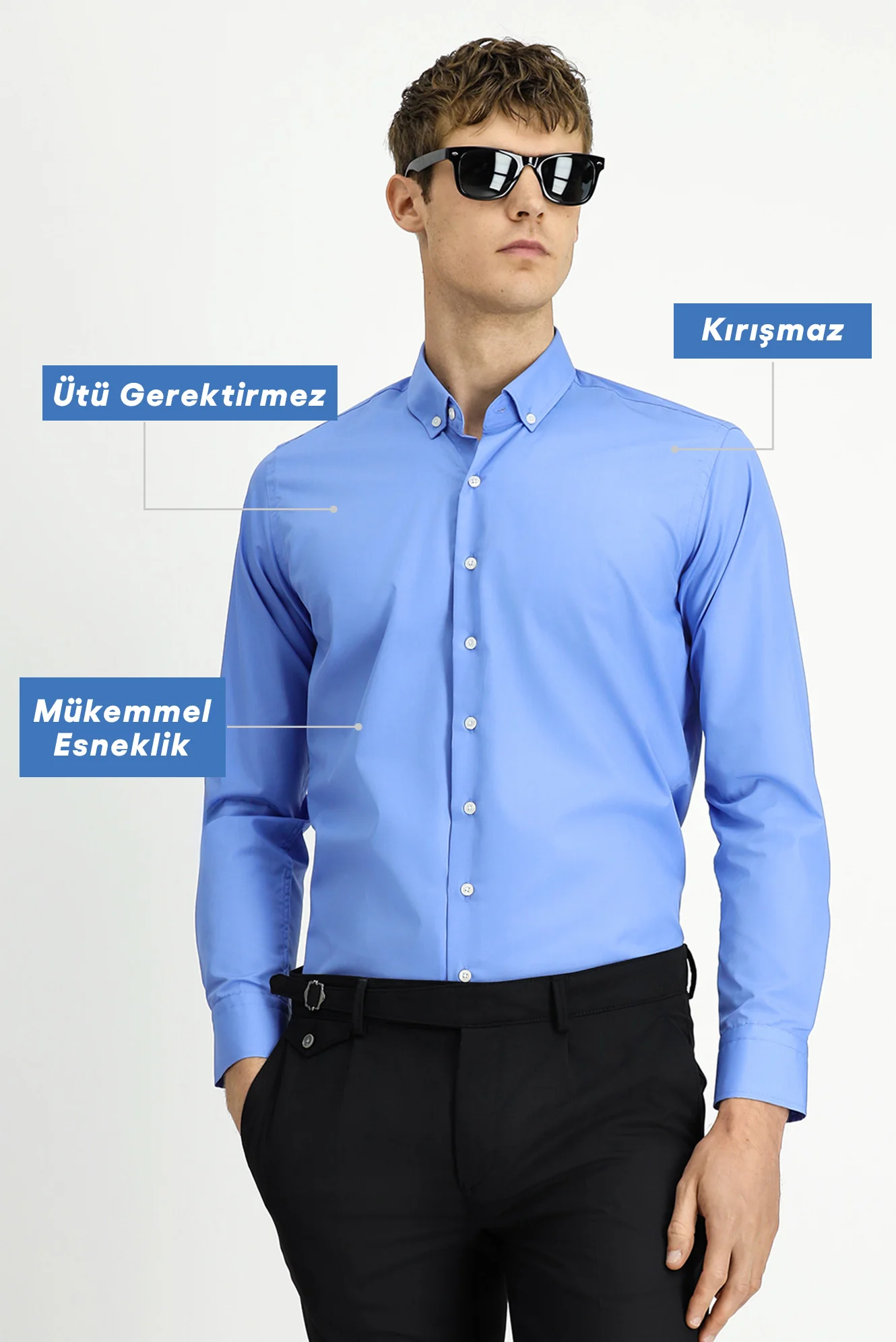 Aqua Mavisi Uzun Kol Slim Fit Düğmeli Yaka Pamuklu Non Iron Ütü Gerektirmeyen Gömlek