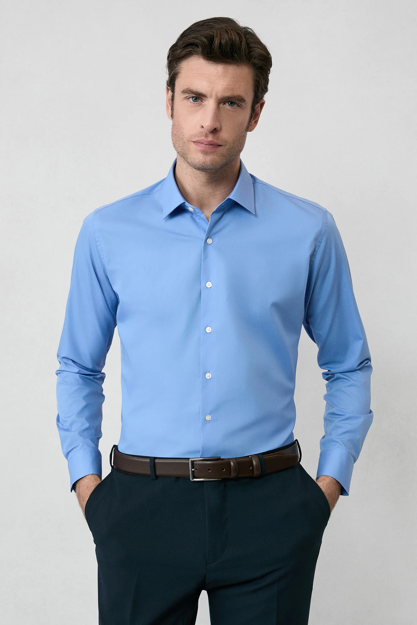 Aqua Mavisi Uzun Kol Slim Fit Non Iron Ütü Gerektirmeyen Pamuklu Klasik Gömlek - Image 3