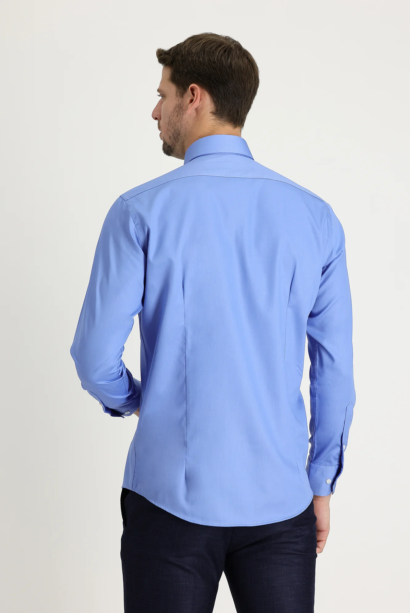Aqua Mavisi Uzun Kol Slim Fit Dar Kesim Pamuklu Non Iron Ütü Gerektirmeyen Saten Klasik Gömlek - Image 2