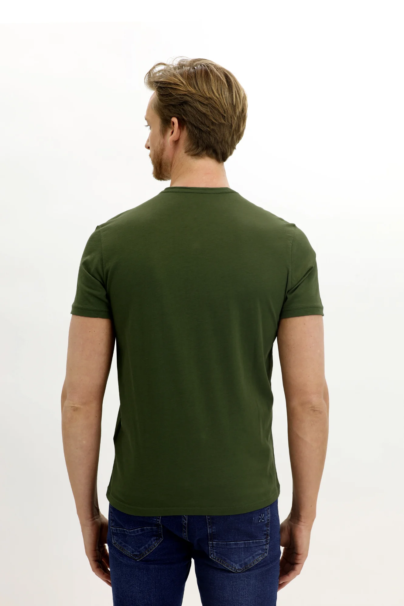 Asker Haki Bisiklet Yaka Slim Fit Dar Kesim Pamuk Tişört - Image 5