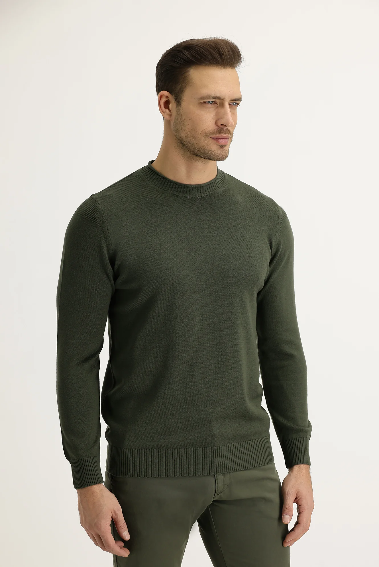 Asker Haki Bisiklet Yaka Slim Fit Dar Kesim Triko Kazak - Image 2